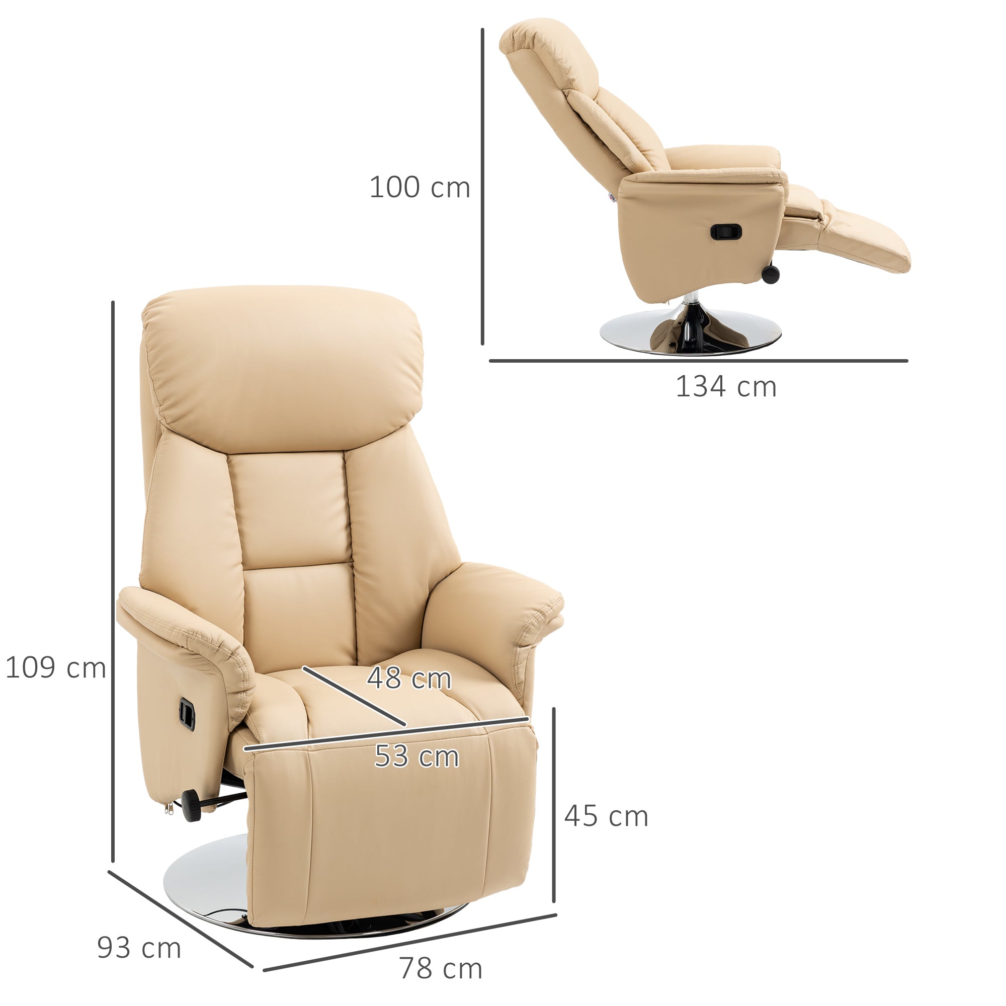Relaxation Armchair, Reclining Salon Chair with Swivel, Adjustable Footrest, Armrests, TV Chair in Synthetic Leather, up to 150 kg, for living room, bedroom, home cinema, beige