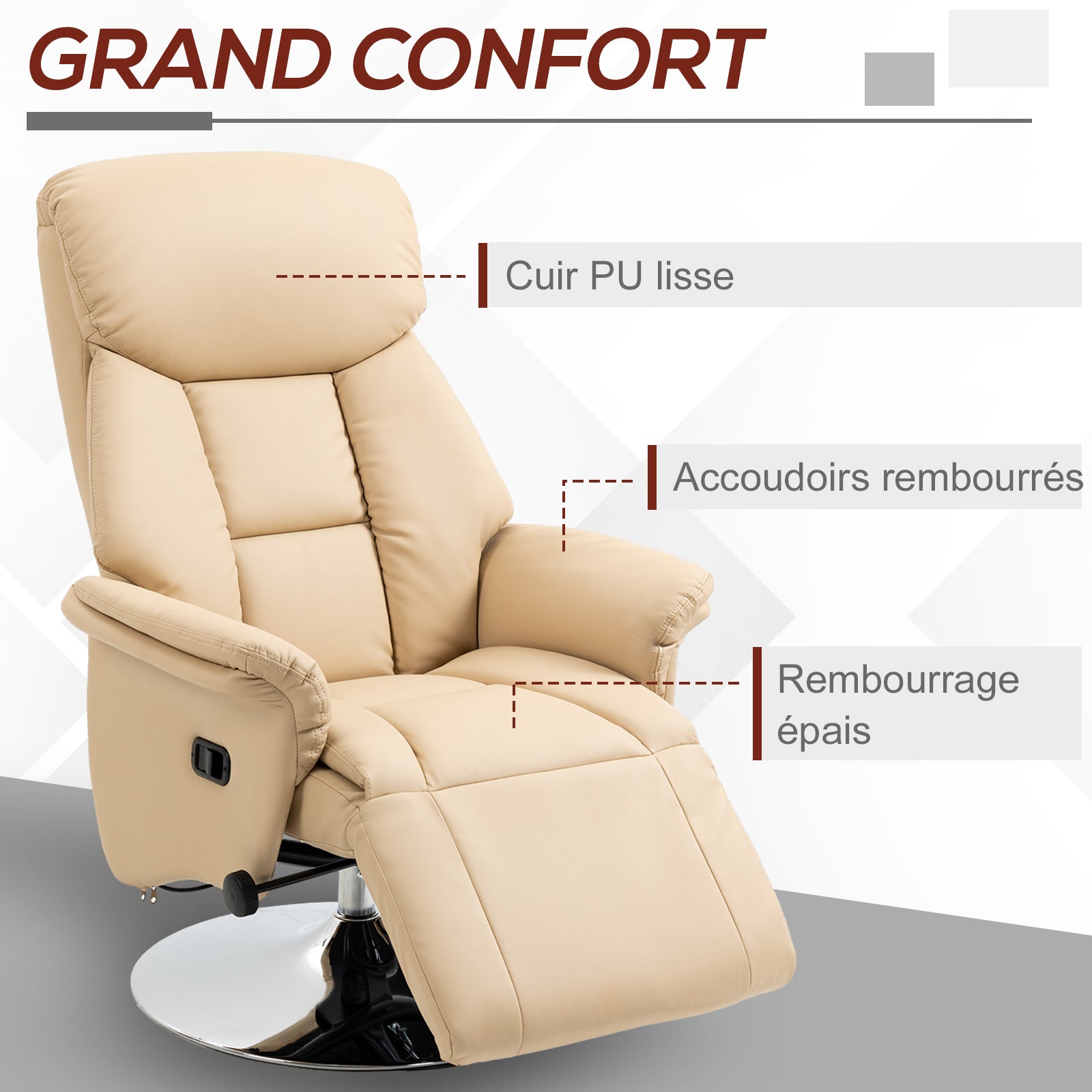 Relaxation Armchair, Reclining Salon Chair with Swivel, Adjustable Footrest, Armrests, TV Chair in Synthetic Leather, up to 150 kg, for living room, bedroom, home cinema, beige