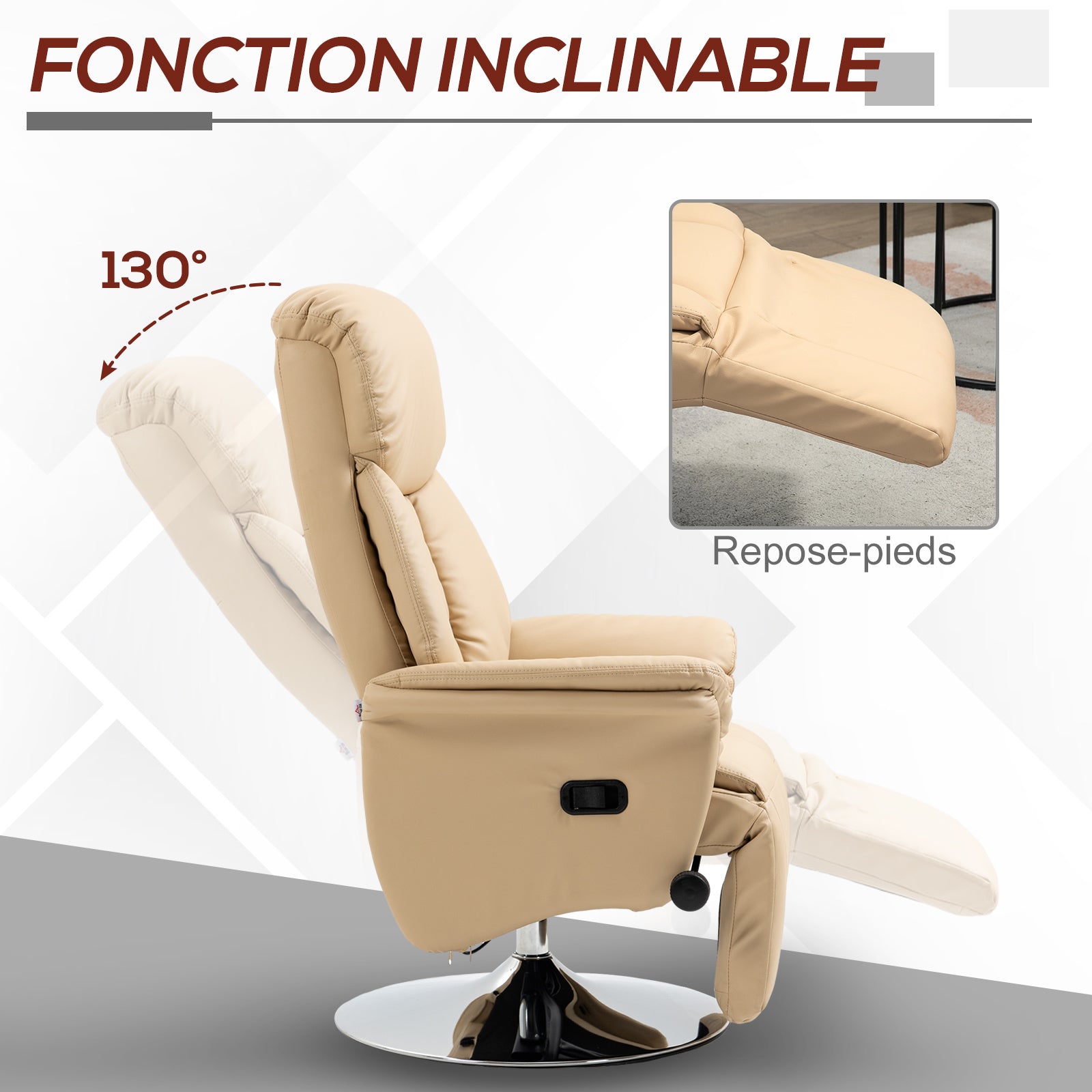 Relaxation Armchair, Reclining Salon Chair with Swivel, Adjustable Footrest, Armrests, TV Chair in Synthetic Leather, up to 150 kg, for living room, bedroom, home cinema, beige
