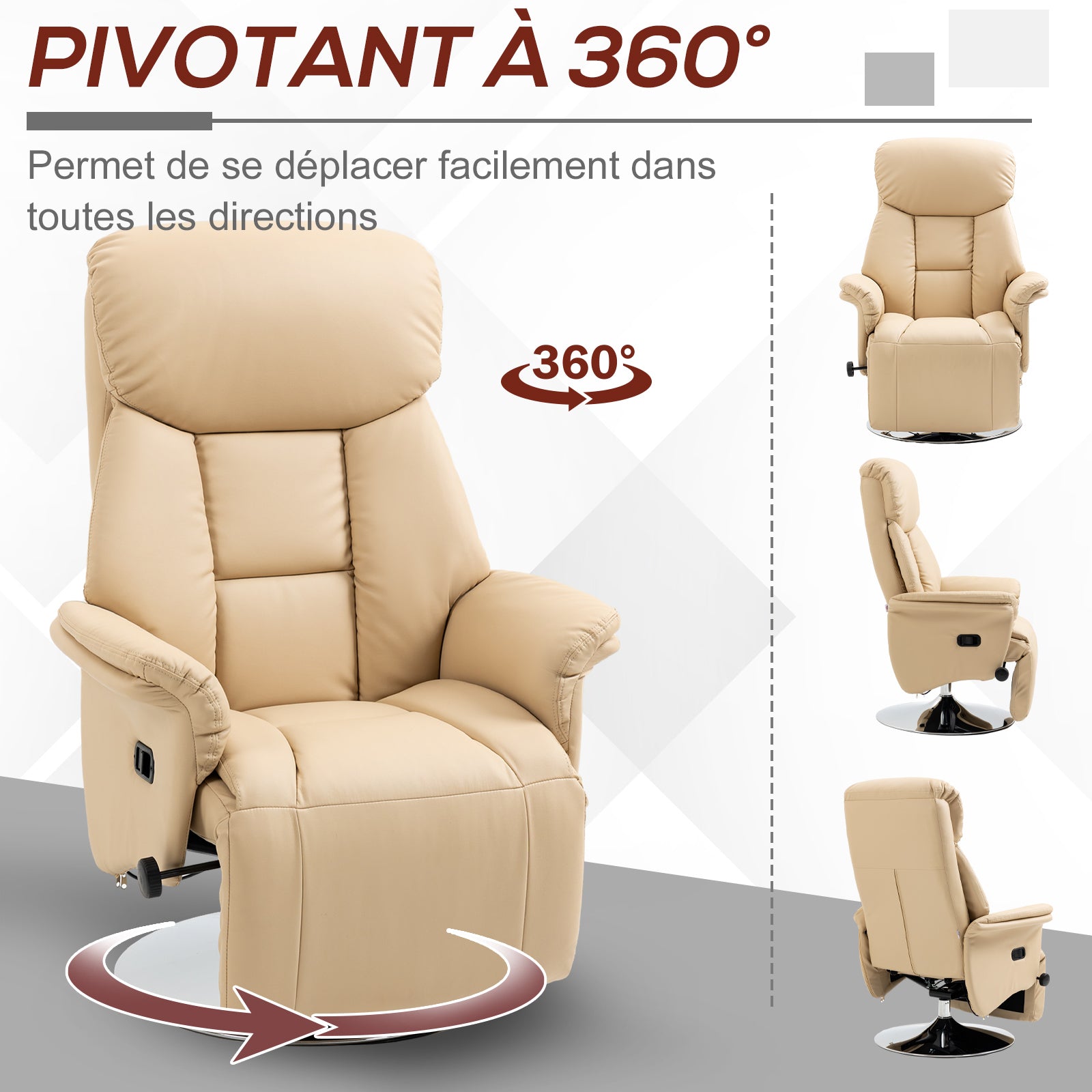 Relaxation Armchair, Reclining Salon Chair with Swivel, Adjustable Footrest, Armrests, TV Chair in Synthetic Leather, up to 150 kg, for living room, bedroom, home cinema, beige