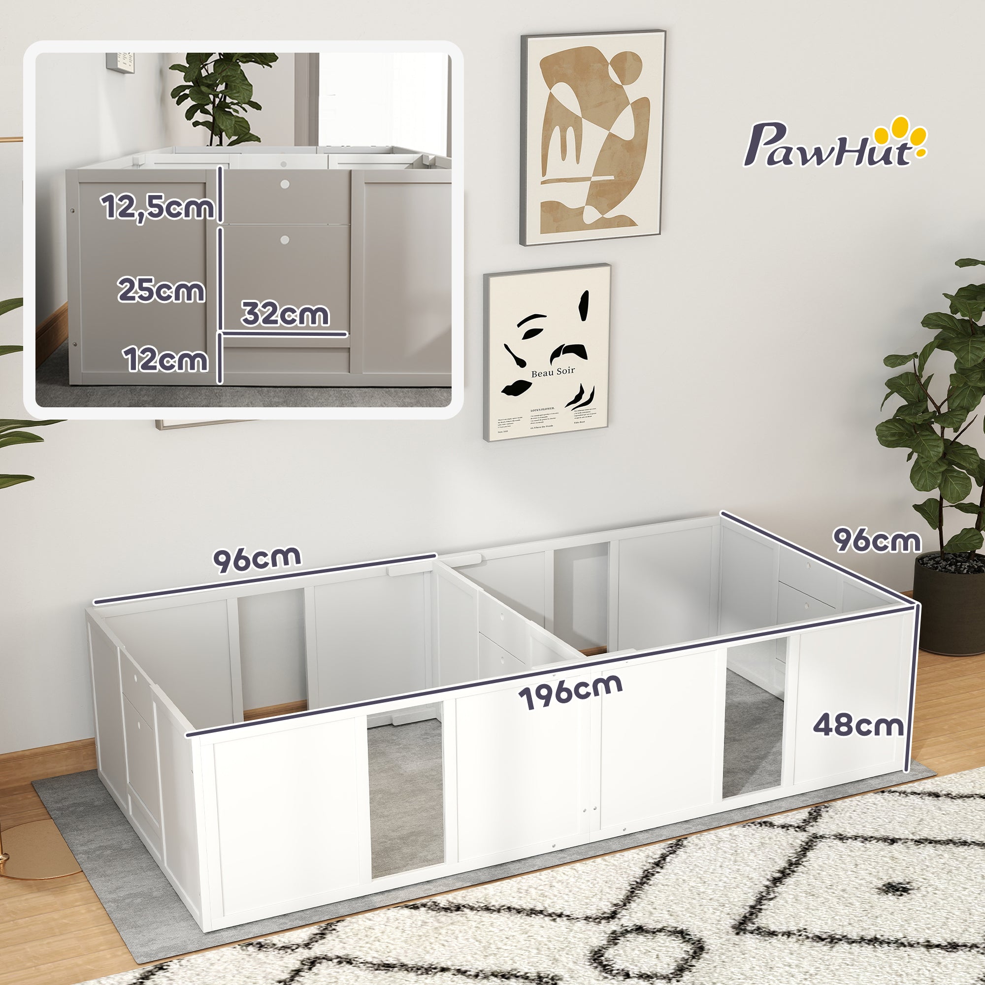 Puppy Whelping Box, Puppy Playpen, Puppy Pen with Non-Slip Floor Protection, Door, Wooden Whelping Box for Dogs, Playpen for Medium Dogs, 196 x 96 x 48 cm, White