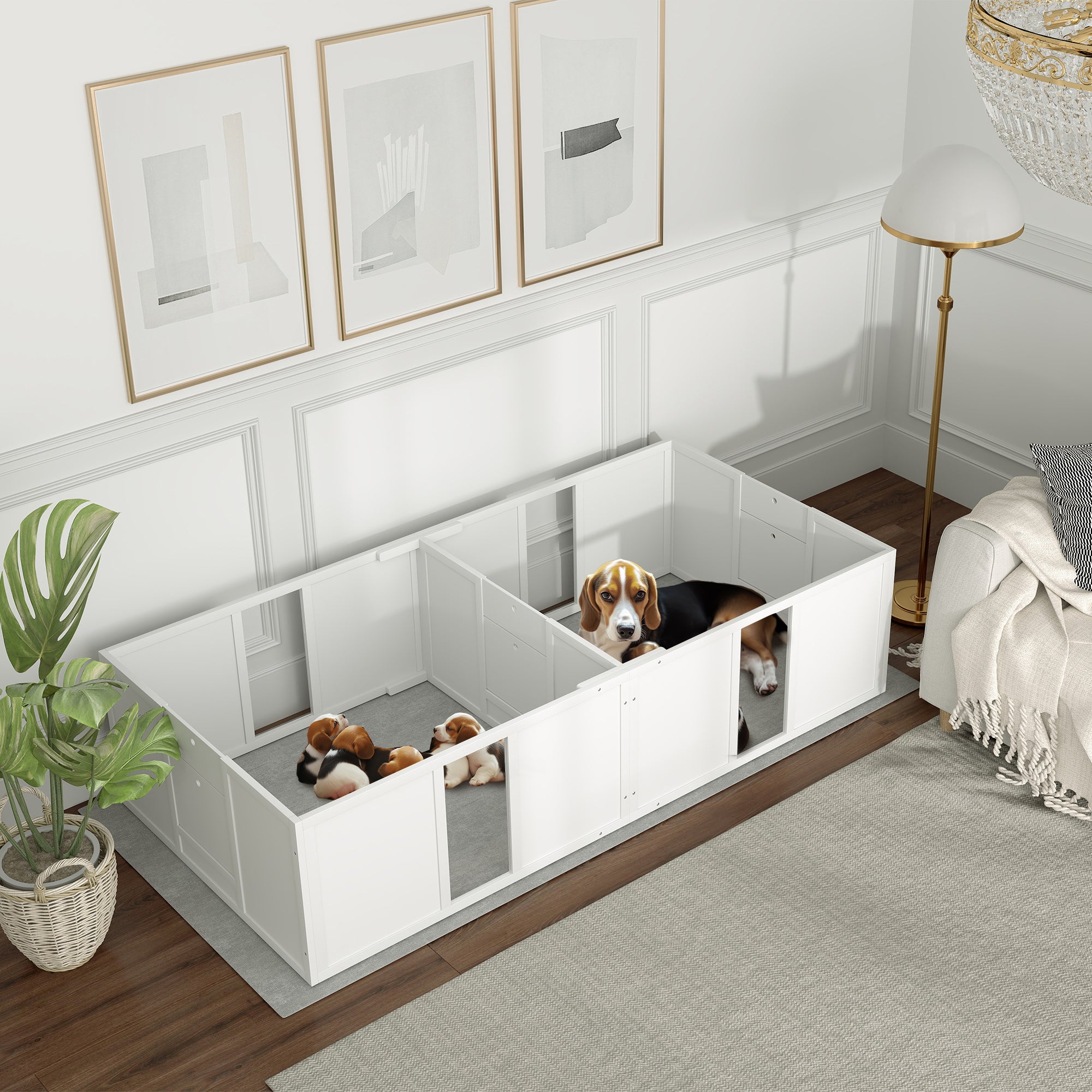 Puppy Whelping Box, Puppy Playpen, Puppy Pen with Non-Slip Floor Protection, Door, Wooden Whelping Box for Dogs, Playpen for Medium Dogs, 196 x 96 x 48 cm, White