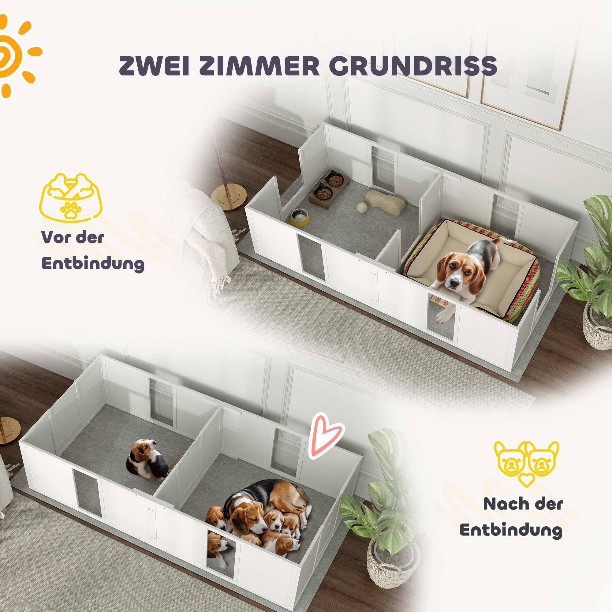 Puppy Whelping Box, Puppy Playpen, Puppy Pen with Non-Slip Floor Protection, Door, Wooden Whelping Box for Dogs, Playpen for Medium Dogs, 196 x 96 x 48 cm, White