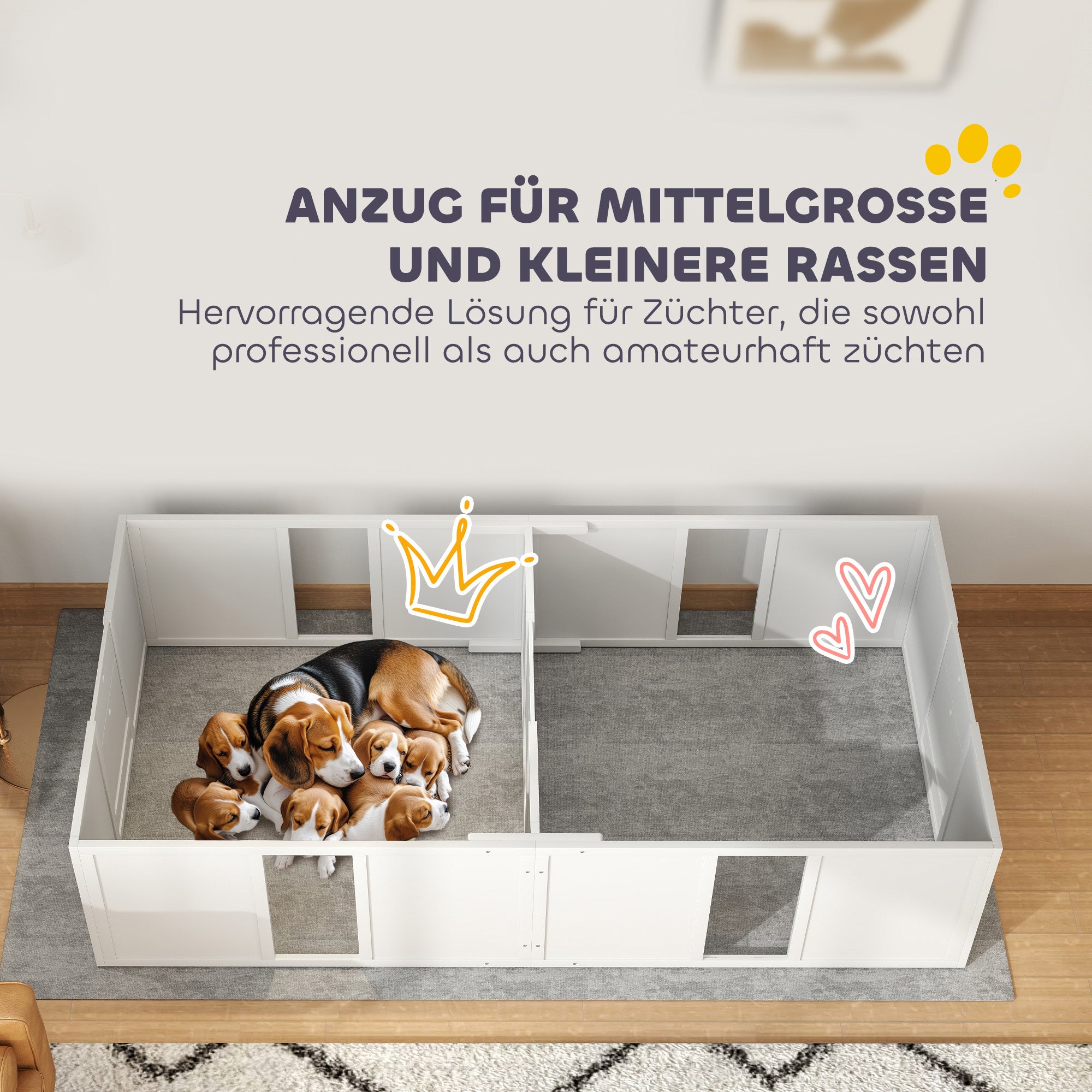 Puppy Whelping Box, Puppy Playpen, Puppy Pen with Non-Slip Floor Protection, Door, Wooden Whelping Box for Dogs, Playpen for Medium Dogs, 196 x 96 x 48 cm, White