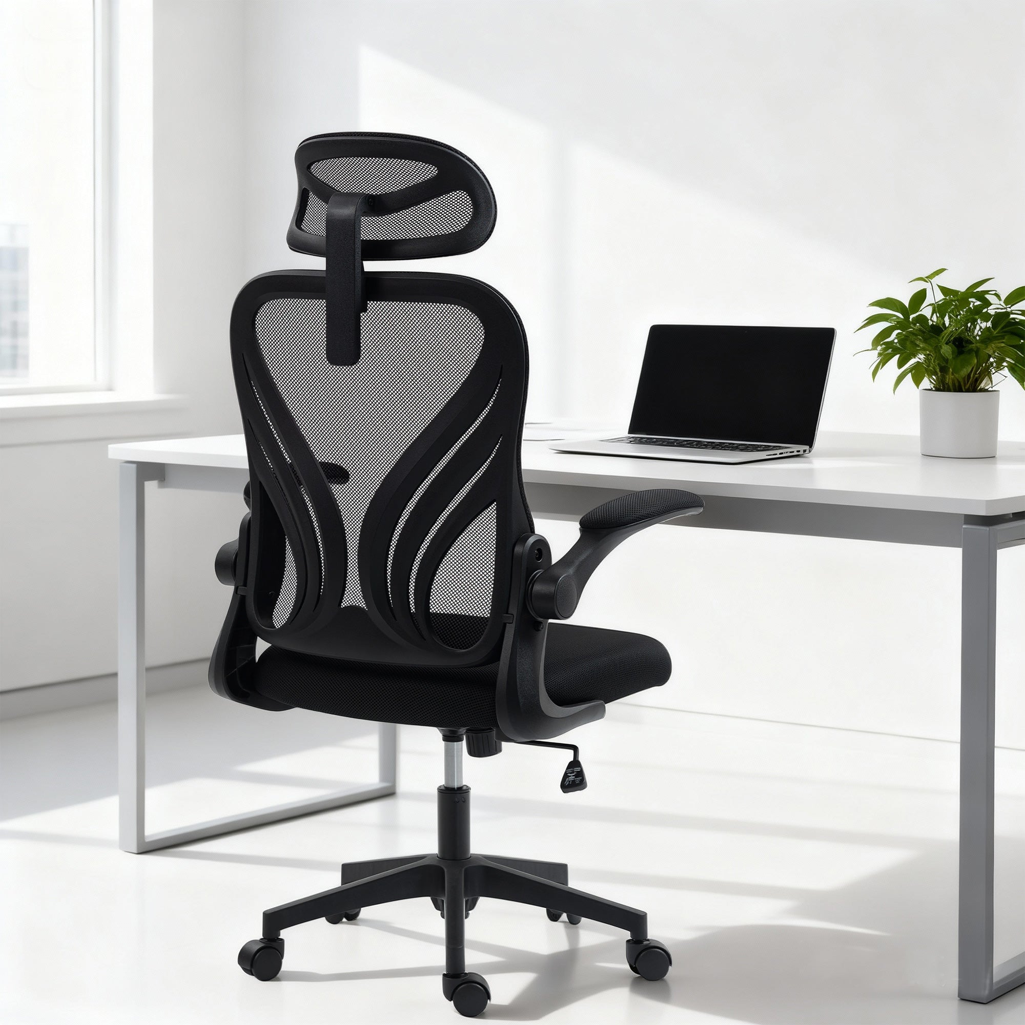 Ergonomic Office Chair, Mesh Desk Chair with Folding Back, 2D Adjustable Headrest, Flip-Up Armrests, Lumbar Support, Tilt & 360° Swivel — Light Gray