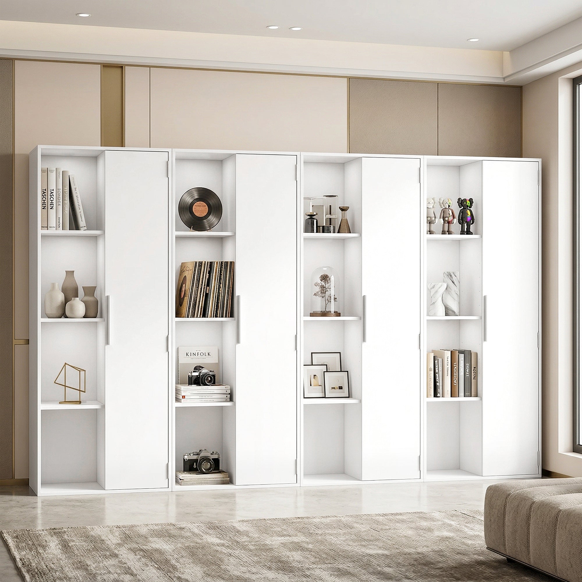 7-Tier Bookcase with Door, 4 Open Shelves & Adjustable Shelves — Modern Free-Standing Shelf 23.6 x 13.8 x 63 in (60 x 35 x 160 cm) — White
