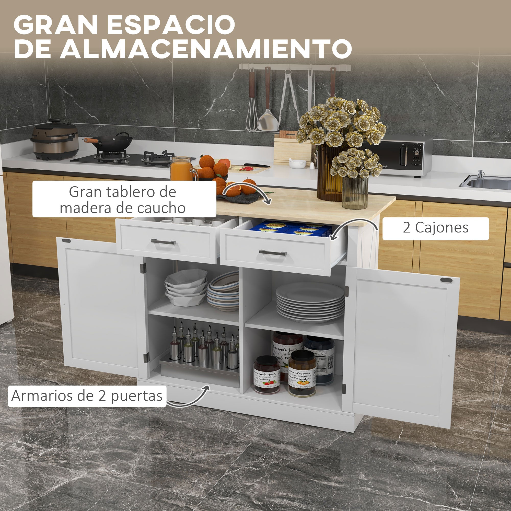 Kitchen Island Cart with Foldable Wood Countertop, 2 Doors, 2 Drawers, Adjustable Shelf, and 4 Wheels 105x60x90.5 cm White