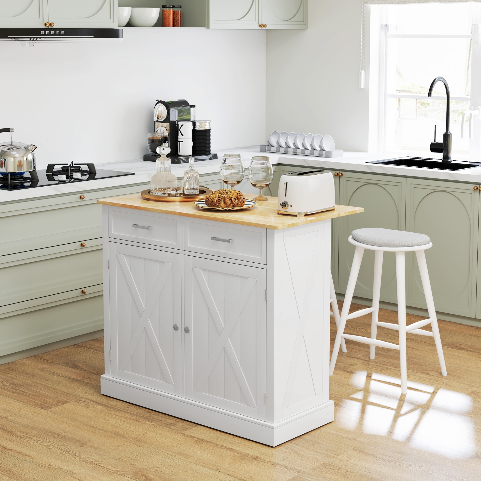Kitchen Island Cart with Foldable Wood Countertop, 2 Doors, 2 Drawers, Adjustable Shelf, and 4 Wheels 105x60x90.5 cm White