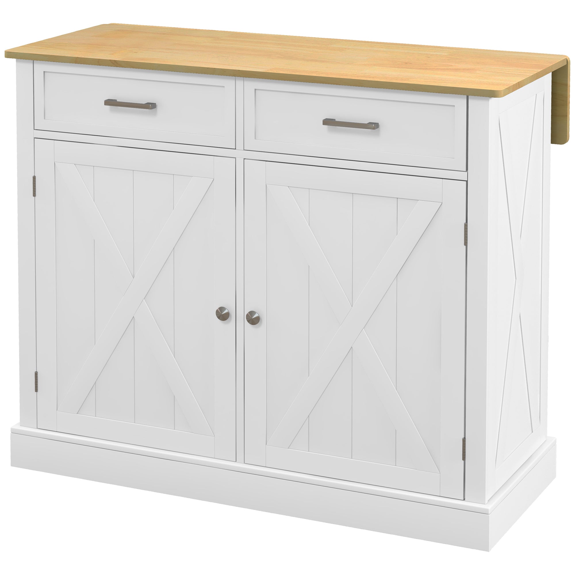 Kitchen Island Cart with Foldable Wood Countertop, 2 Doors, 2 Drawers, Adjustable Shelf, and 4 Wheels 105x60x90.5 cm White