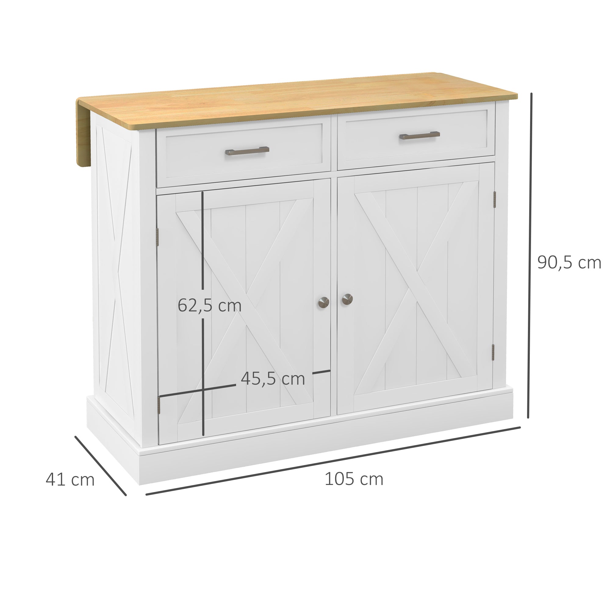 Kitchen Island Cart with Foldable Wood Countertop, 2 Doors, 2 Drawers, Adjustable Shelf, and 4 Wheels 105x60x90.5 cm White