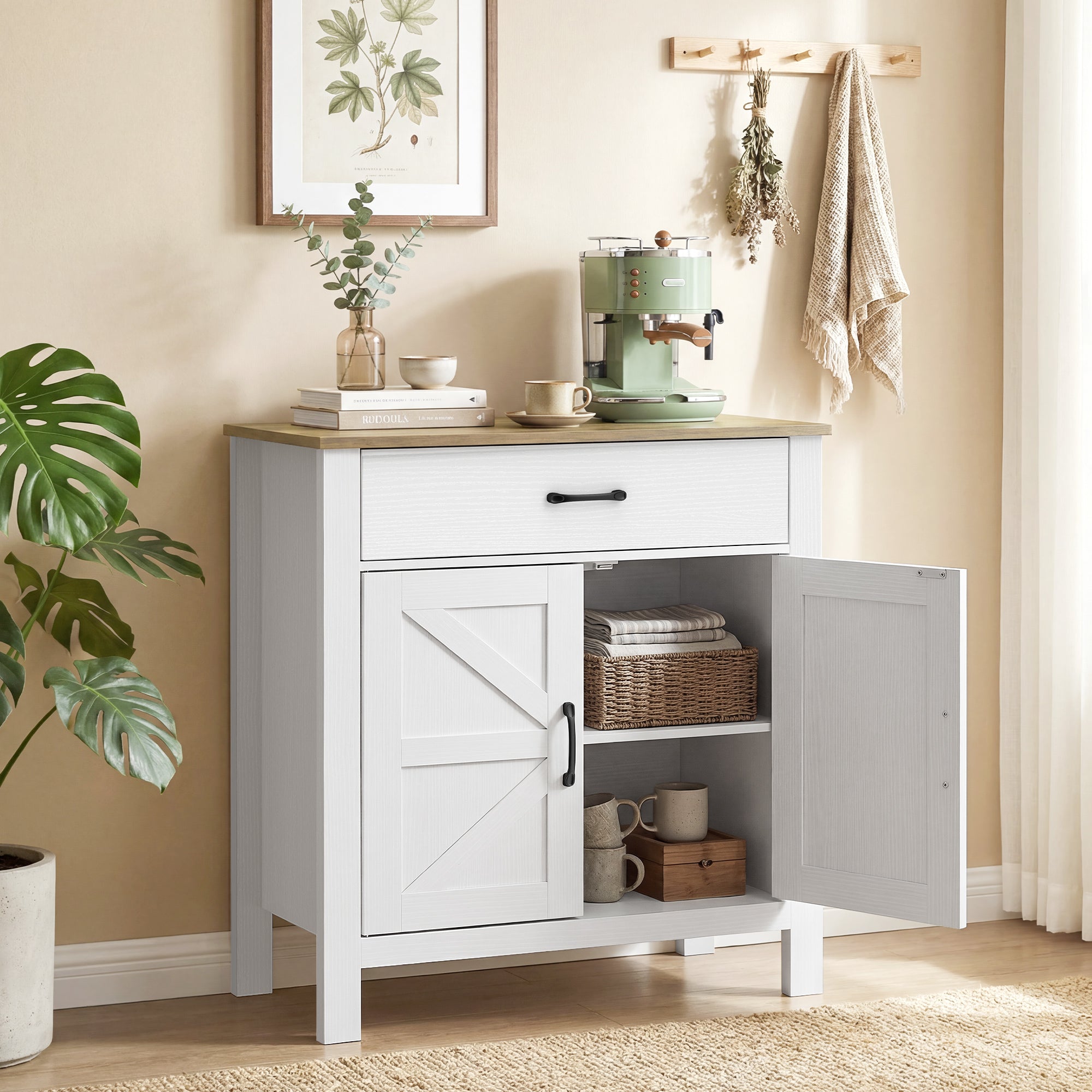 Sideboard, Storage Cabinet with 2 Barn Doors, Drawer & Adjustable Shelf, Rustic Style Buffet for Dining Room & Kitchen, 30.3 x 15.5 x 32.1 in, White and Brown