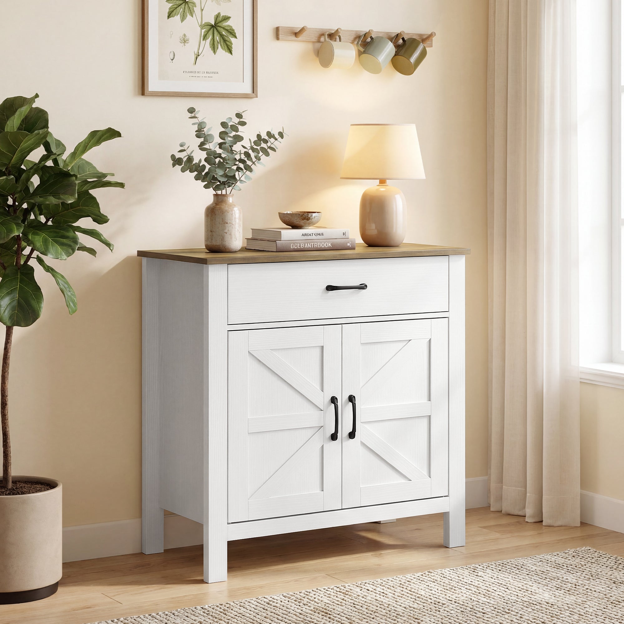 Sideboard, Storage Cabinet with 2 Barn Doors, Drawer & Adjustable Shelf, Rustic Style Buffet for Dining Room & Kitchen, 30.3 x 15.5 x 32.1 in, White and Brown