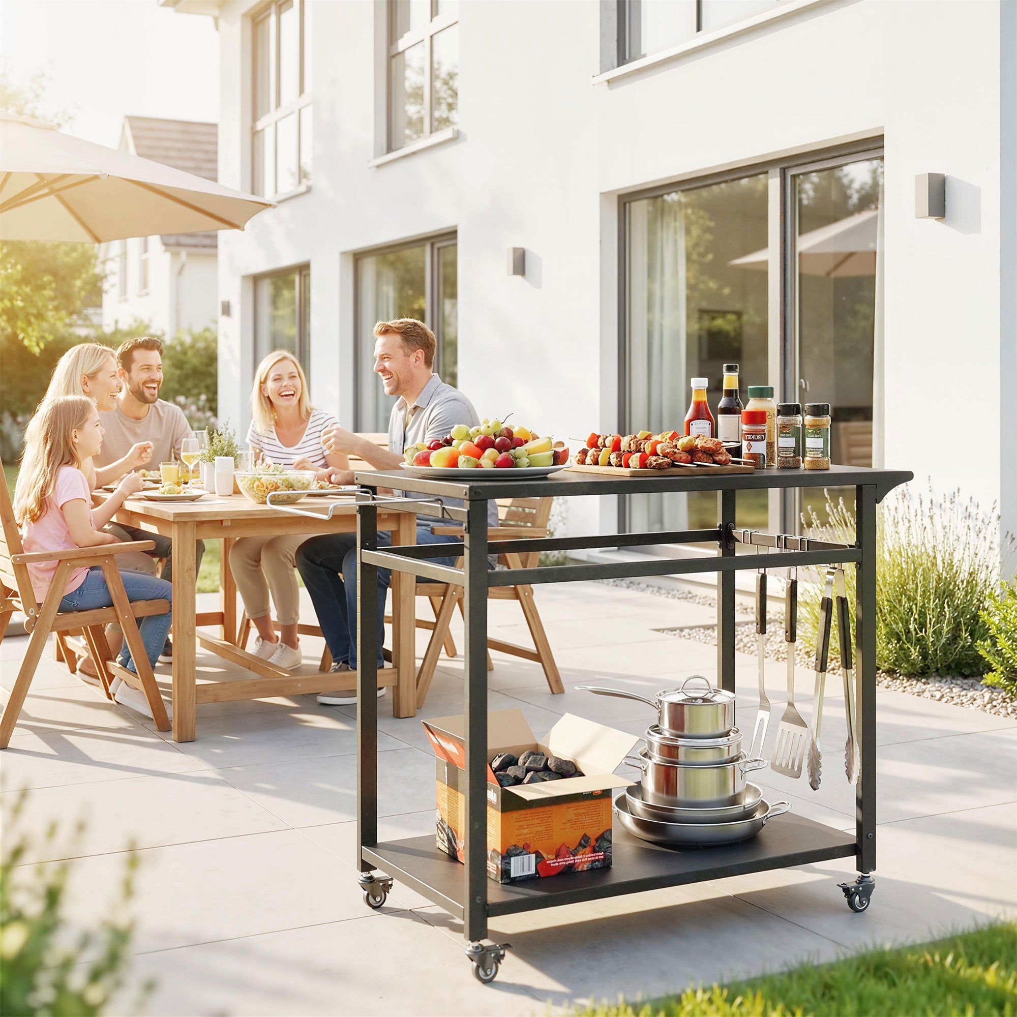 Outdoor BBQ Cart with 2 Metal Shelves, Outdoor Kitchen Table with Wheels, Handle, Trash Bag Holder & Hooks, 113 x 50.5 x 88 cm (44.5 x 19.9 x 34.6 in), Black