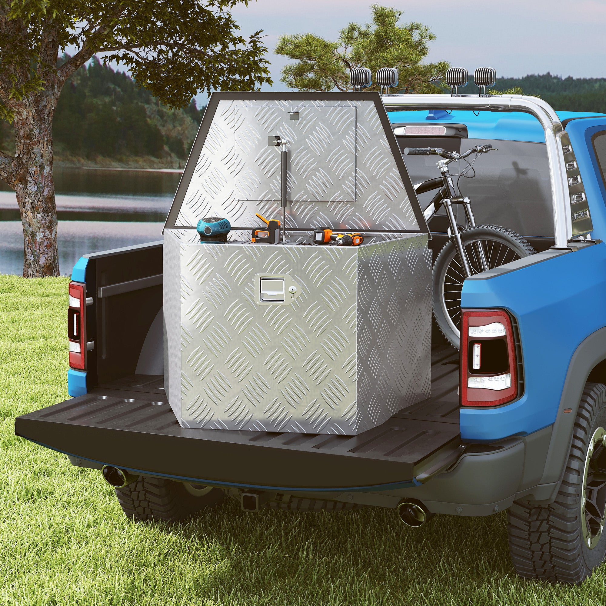 Trailer Toolbox, Aluminum Storage Box, Integrated Lock with Keys, Trapezoidal Shape, for Vans, Trailers, 73.7 x 41 x 46 cm, Silver