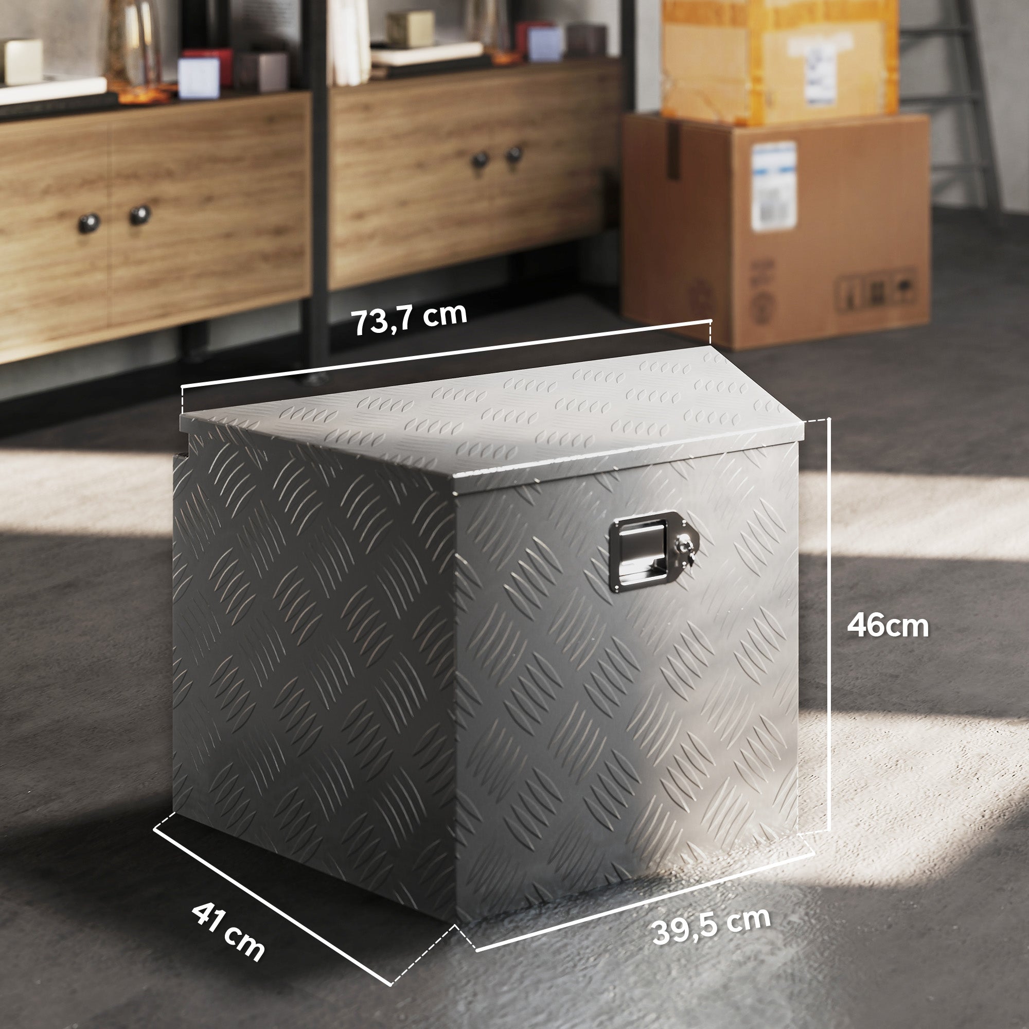 Trailer Toolbox, Aluminum Storage Box, Integrated Lock with Keys, Trapezoidal Shape, for Vans, Trailers, 73.7 x 41 x 46 cm, Silver
