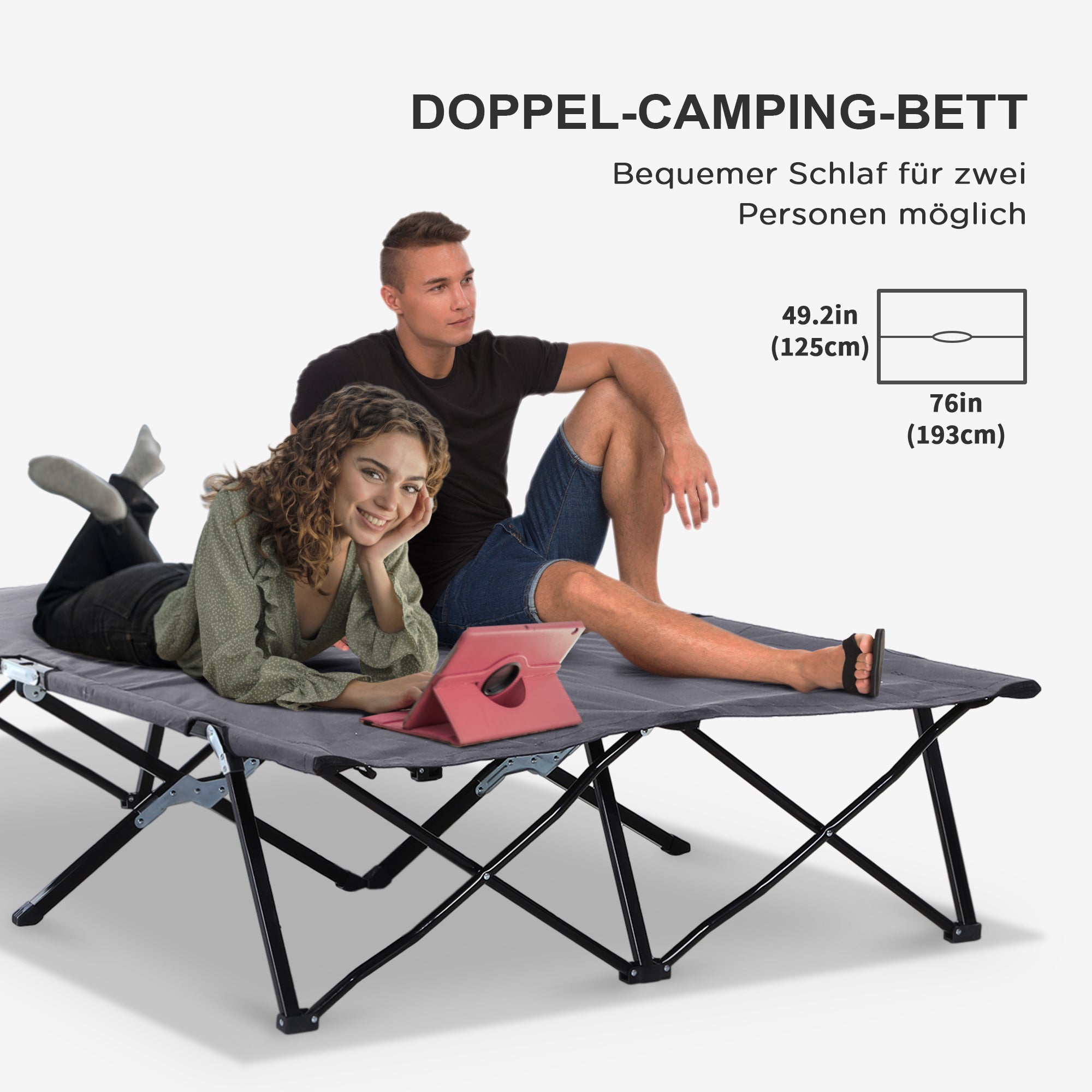 Folding Camping Bed for 2 People Camp Bed with Carry Bag up to 136 kg Capacity Steel Oxford Gray 193 x 125 x 40 cm