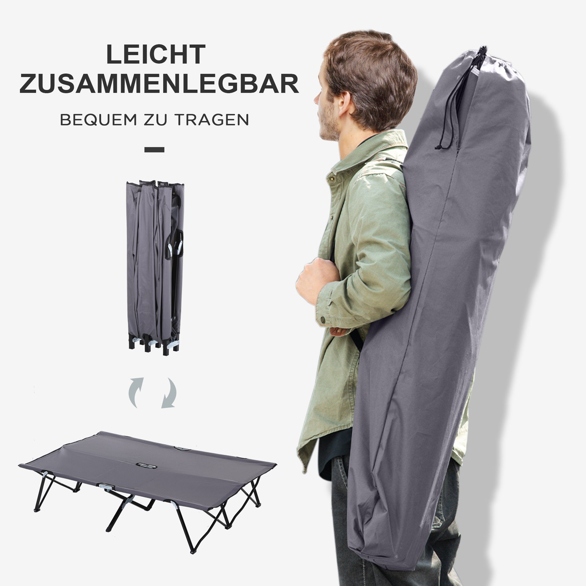 Folding Camping Bed for 2 People Camp Bed with Carry Bag up to 136 kg Capacity Steel Oxford Gray 193 x 125 x 40 cm