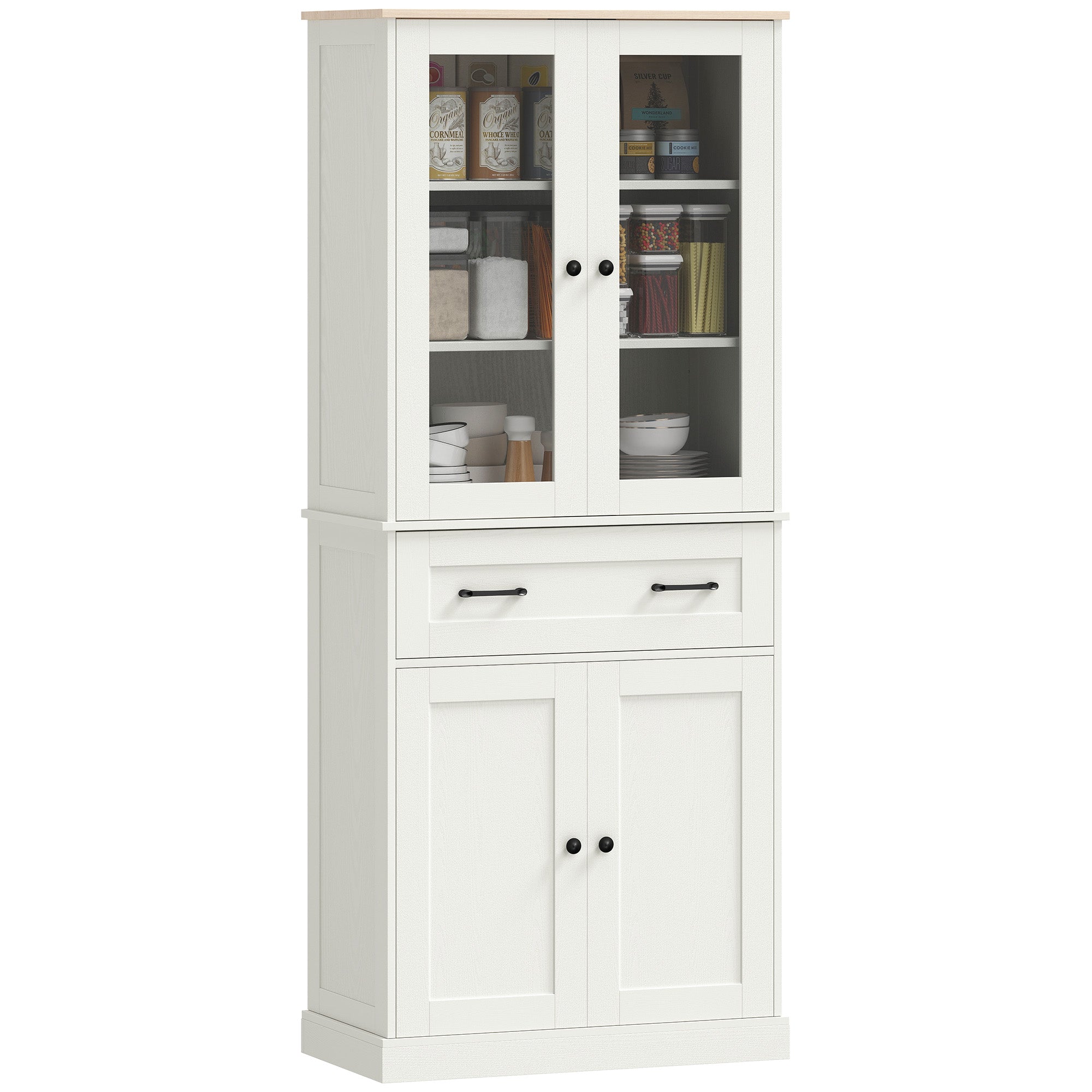 Kitchen Pantry Cabinet, Storage Cupboard with 2 Acrylic Doors, Large Drawer & Adjustable Shelves for Dining Room, 76 x 40 x 182.5 cm (29.9 x 15.7 x 71.9 in), Cream