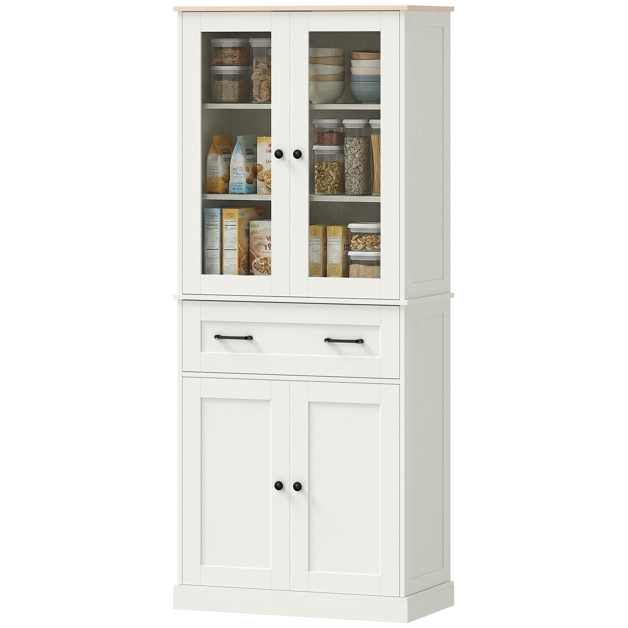 Kitchen Pantry Cabinet, Storage Cupboard with 2 Acrylic Doors, Large Drawer & Adjustable Shelves for Dining Room, 76 x 40 x 182.5 cm (29.9 x 15.7 x 71.9 in), Cream