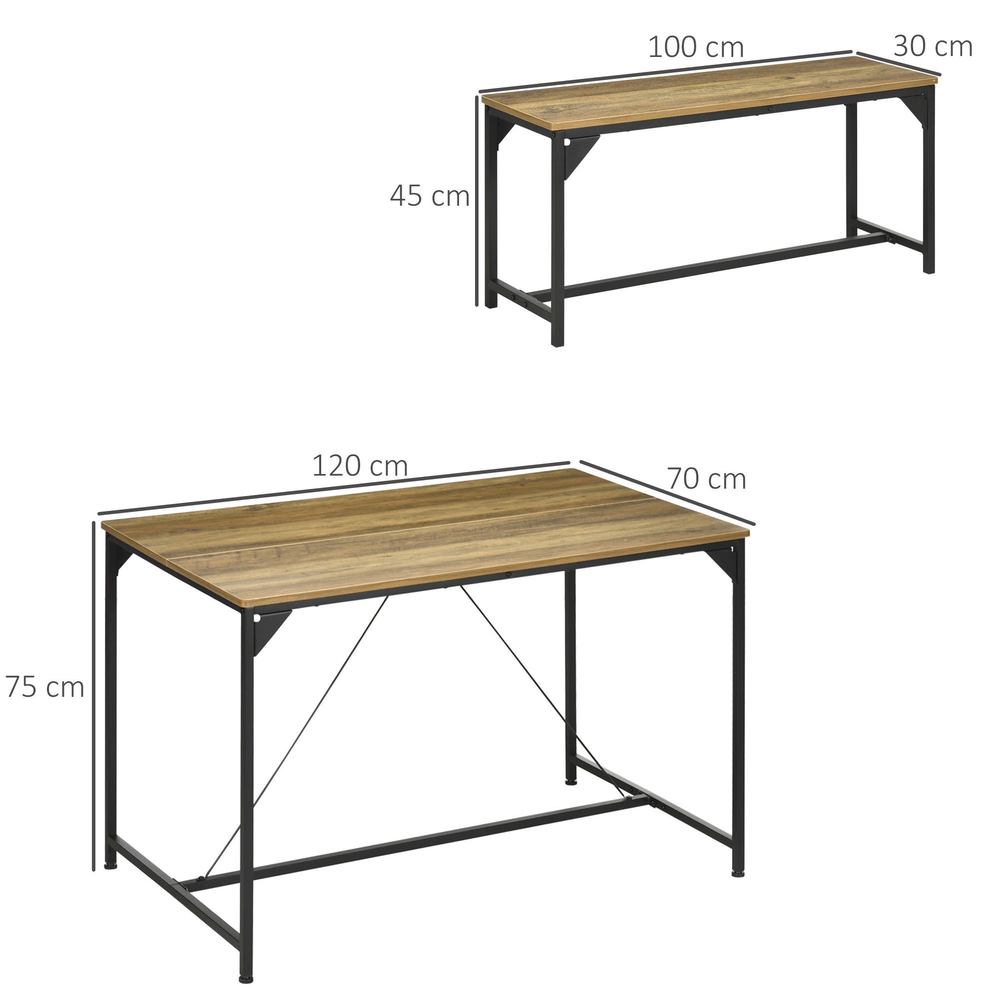 Dining Table Set with 2 Benches Steel Frame 4 Person Table 120 x 70 x 75 cm Bench 100 x 30 x 45 cm for Kitchen Dining Room Living Room Natural and Black