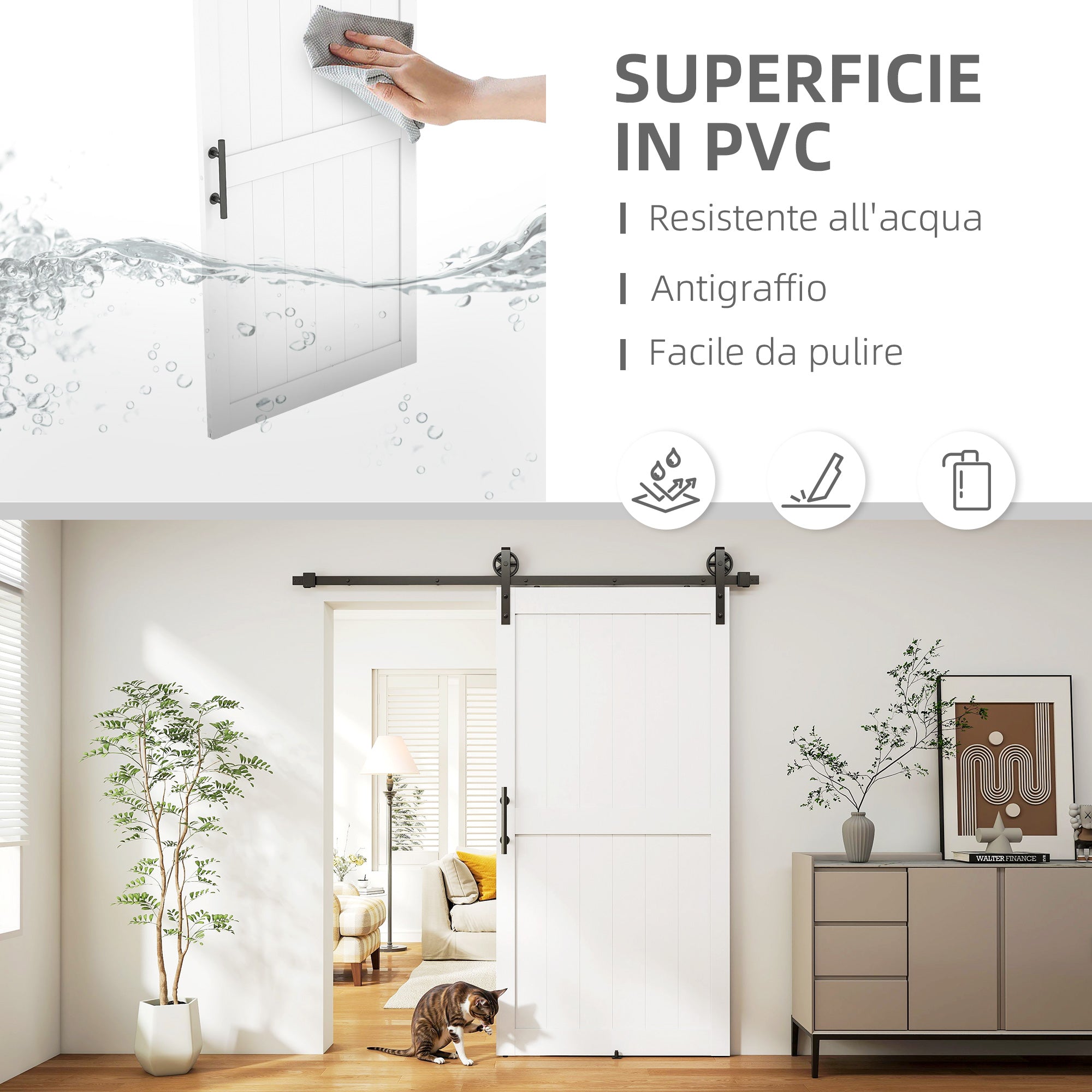 Country-Style Sliding Barn Door with Track & Hardware, MDF & Carbon Steel, 42 x 84 in, White/Black