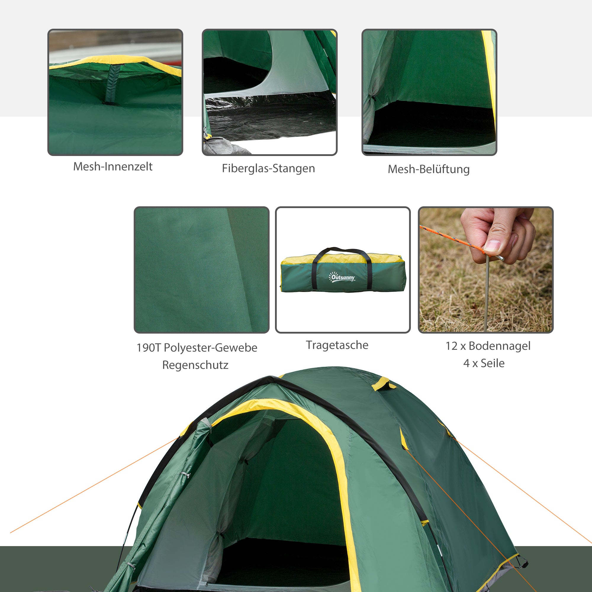 2-Person Tent 190T Camping Tent with Pegs Dome Tent Fiberglass Polyester Green+Yellow 325 x 183 x 130 cm