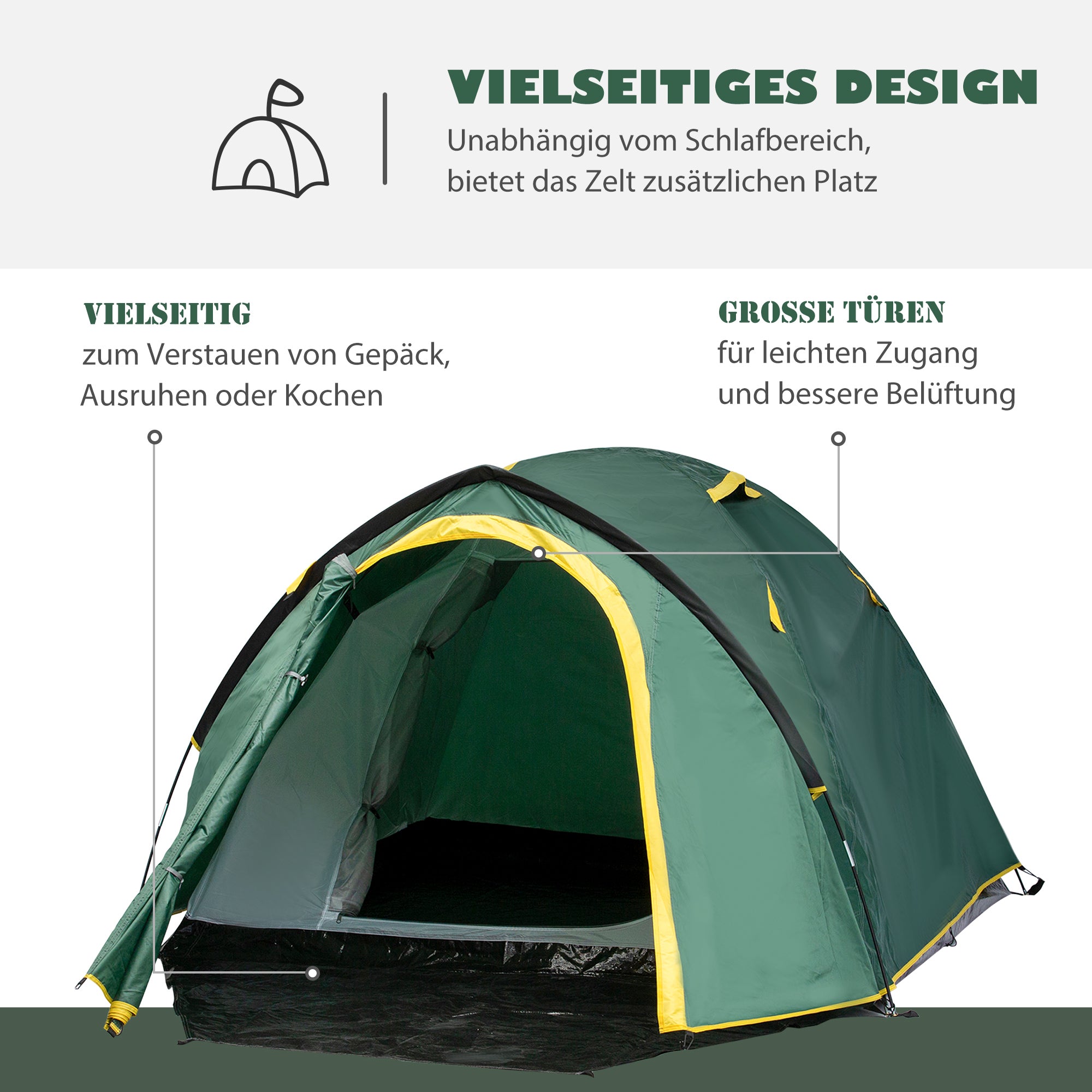 2-Person Tent 190T Camping Tent with Pegs Dome Tent Fiberglass Polyester Green+Yellow 325 x 183 x 130 cm