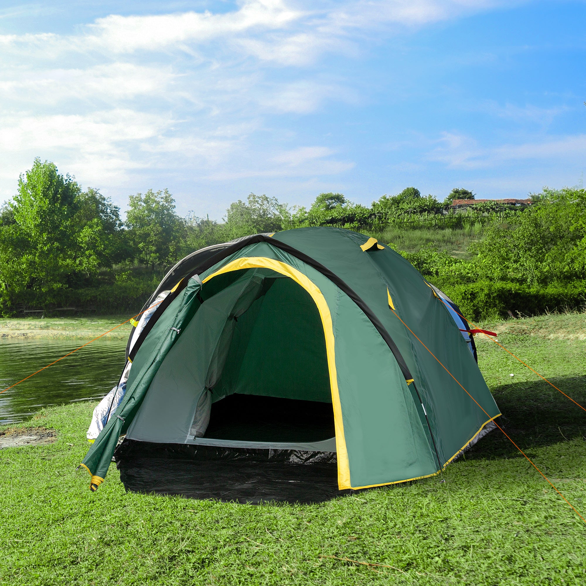 2-Person Tent 190T Camping Tent with Pegs Dome Tent Fiberglass Polyester Green+Yellow 325 x 183 x 130 cm