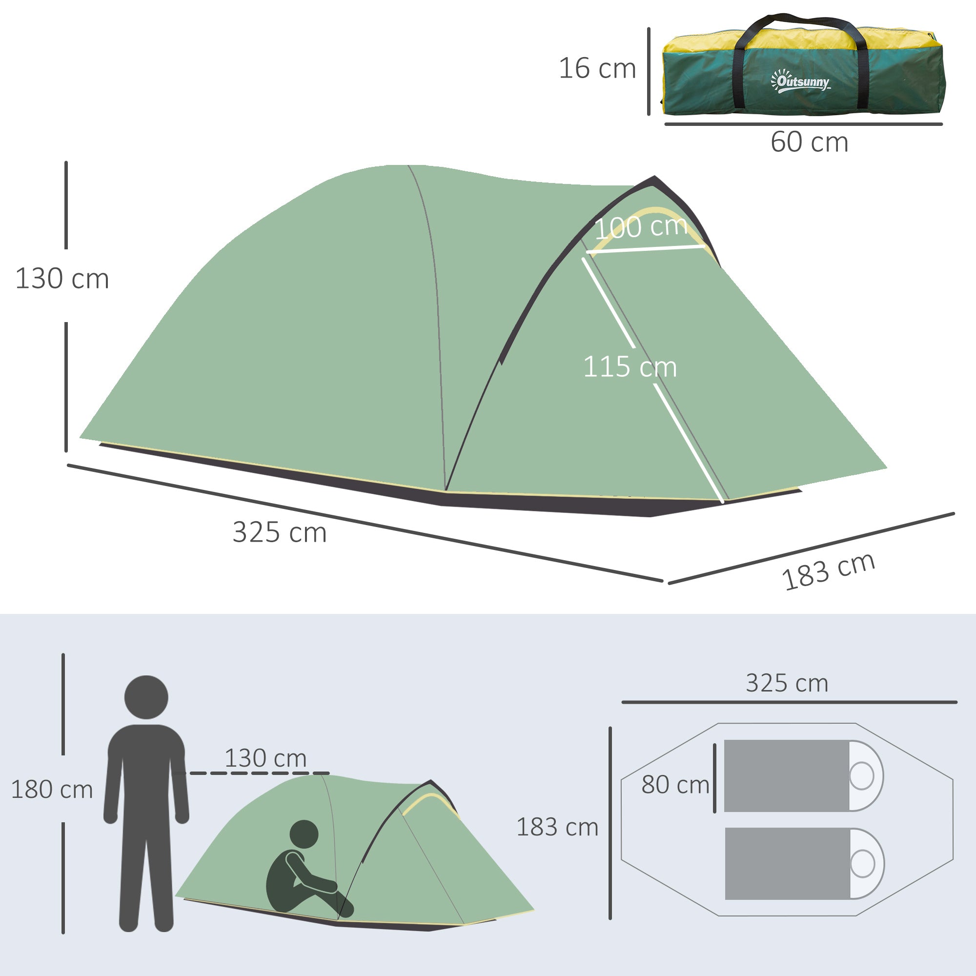2-Person Tent 190T Camping Tent with Pegs Dome Tent Fiberglass Polyester Green+Yellow 325 x 183 x 130 cm