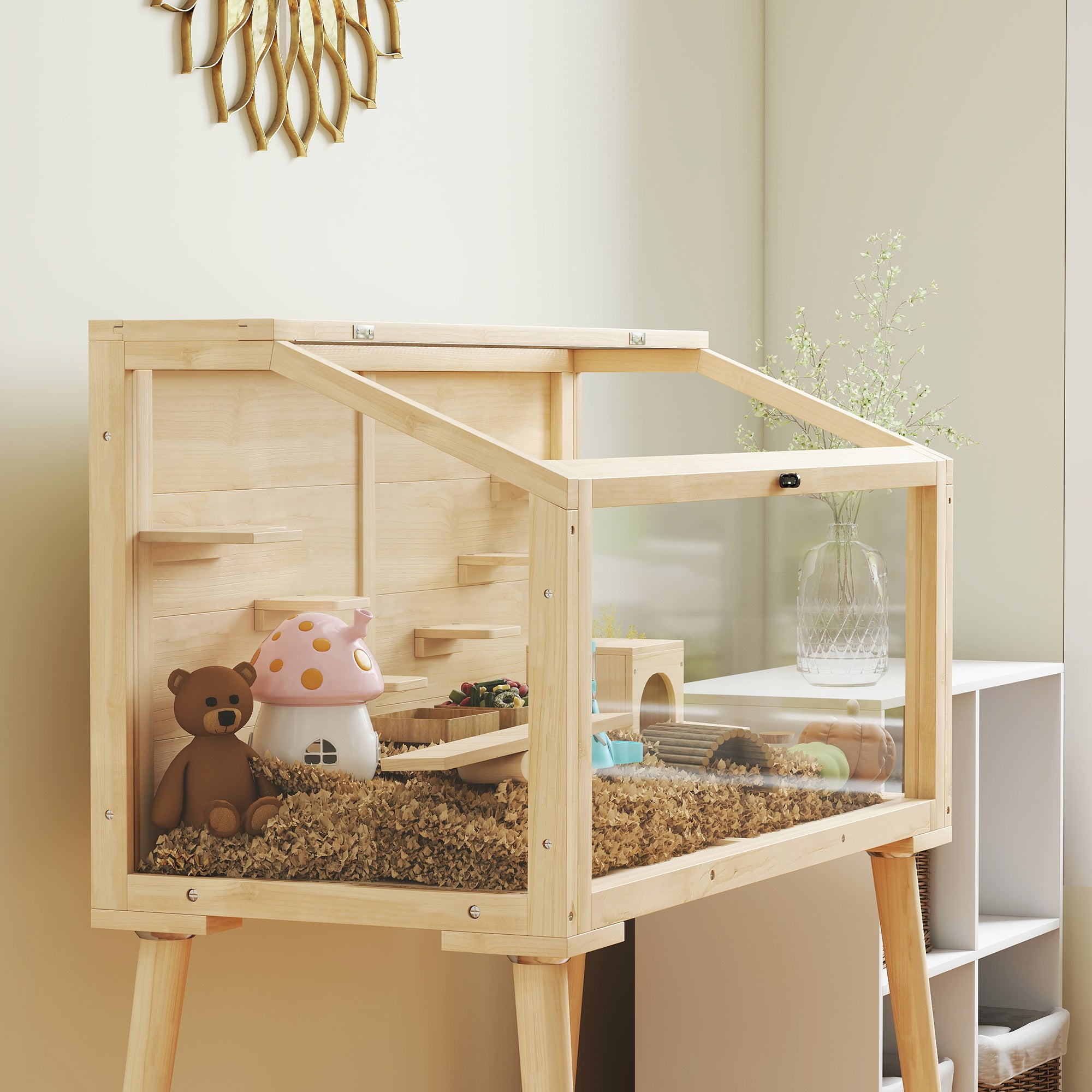 Hamster Cage — Small Animal Habitat with Accessories, Water Bottle, 43.3 x 20.5 x 39.8 in (110 x 52 x 101 cm), Wood & Plastic