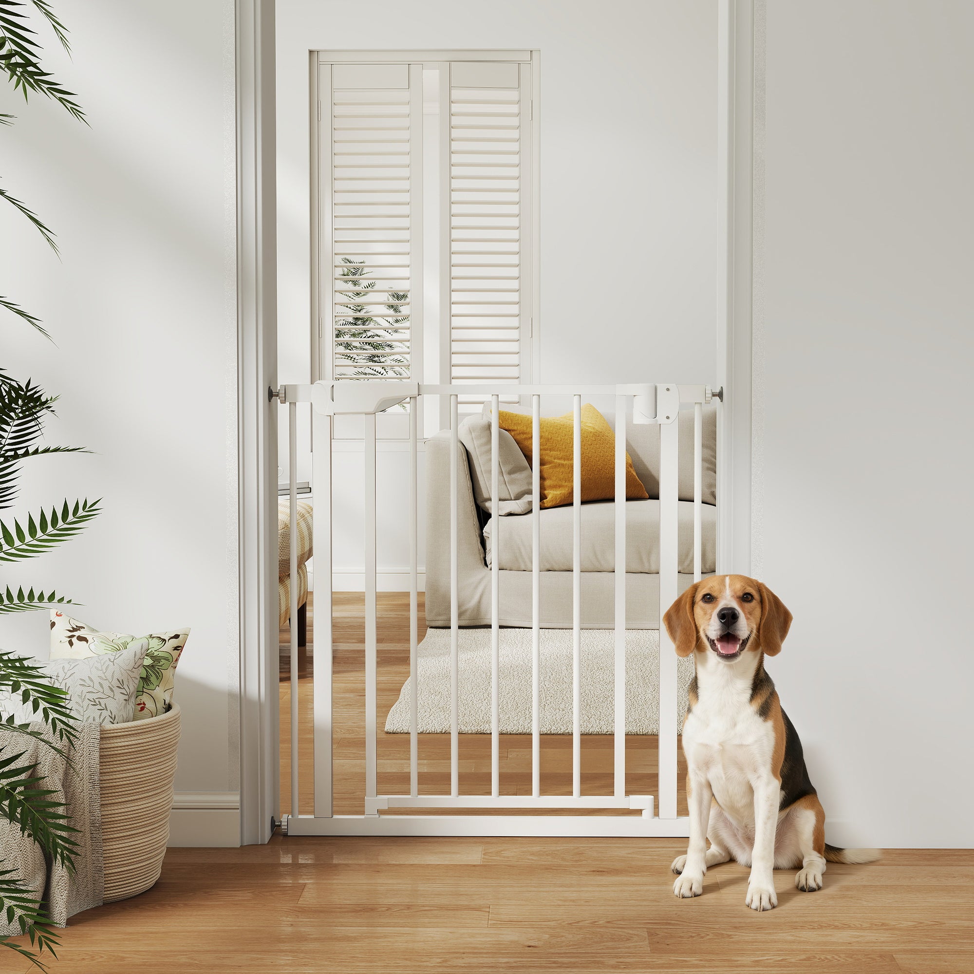 Safety Gate for Babies & Dogs, Adjustable 29.9–32.3 in Wide x 29.9 in High, Dual Lock, Auto-Close, Reversible Door, Pressure or Screw Mount, White