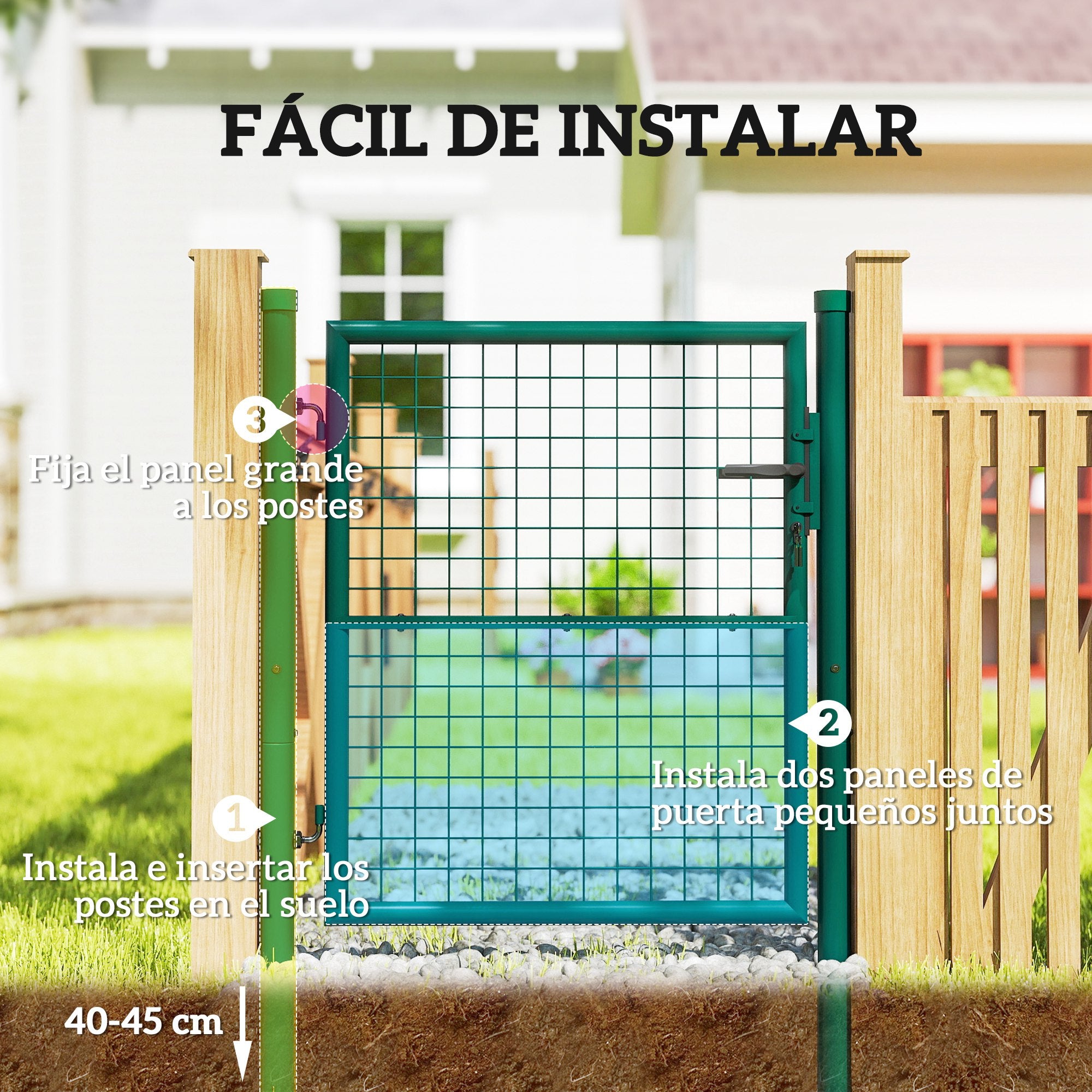 Garden Gate 100x79 cm Steel Bar Fence Gate with Handle Lock and 3 Keys for Outdoor Patio Green