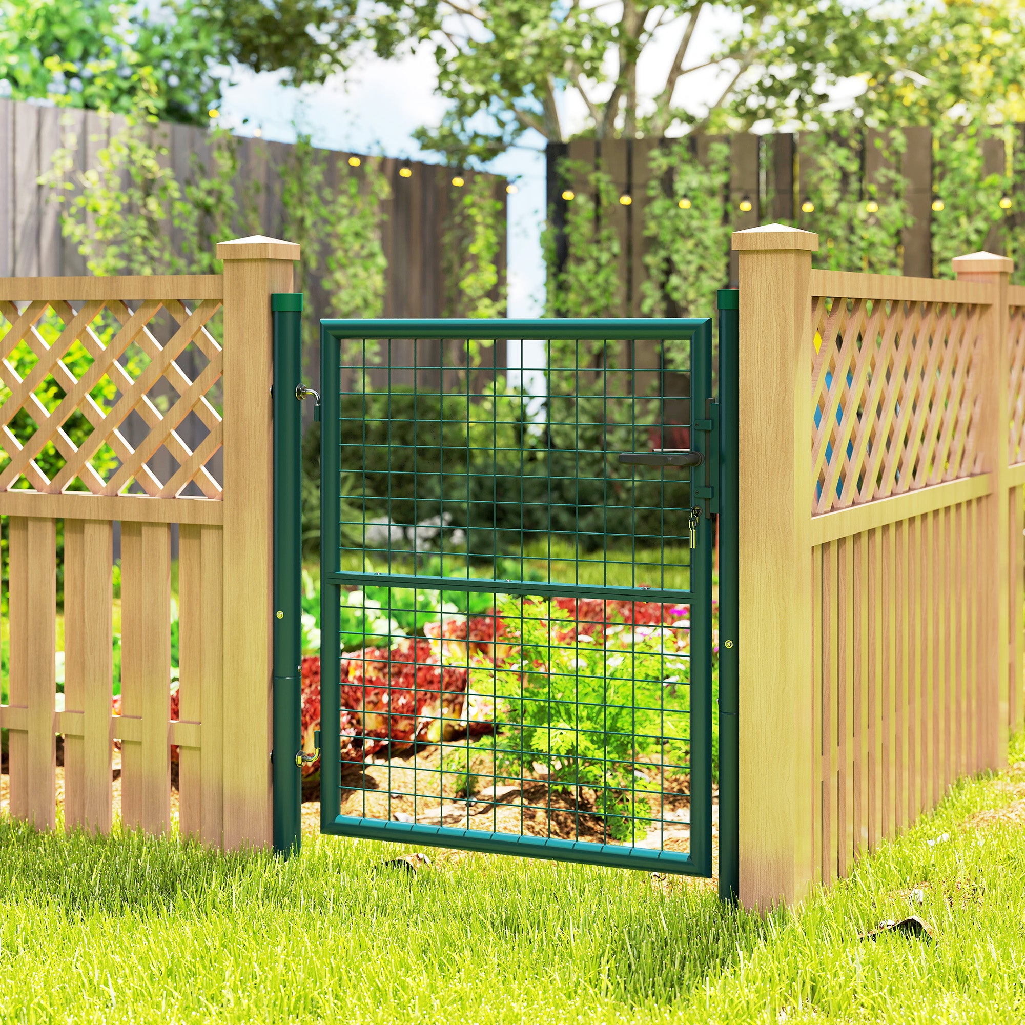 Garden Gate 100x79 cm Steel Bar Fence Gate with Handle Lock and 3 Keys for Outdoor Patio Green