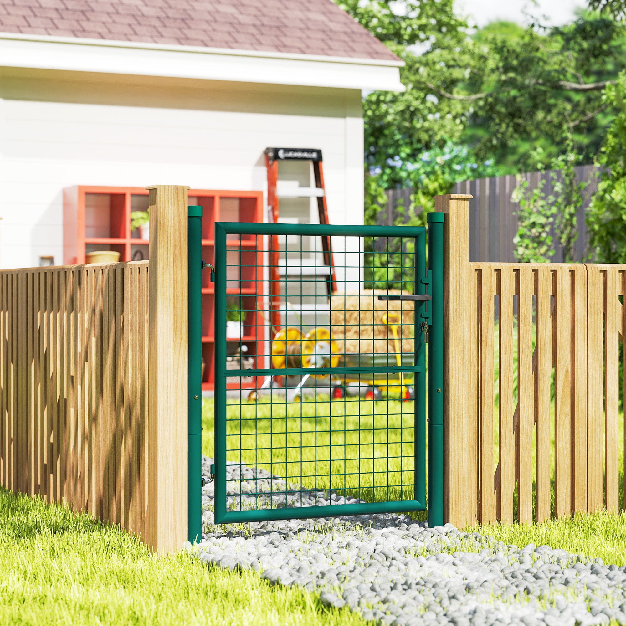 Garden Gate 100x79 cm Steel Bar Fence Gate with Handle Lock and 3 Keys for Outdoor Patio Green