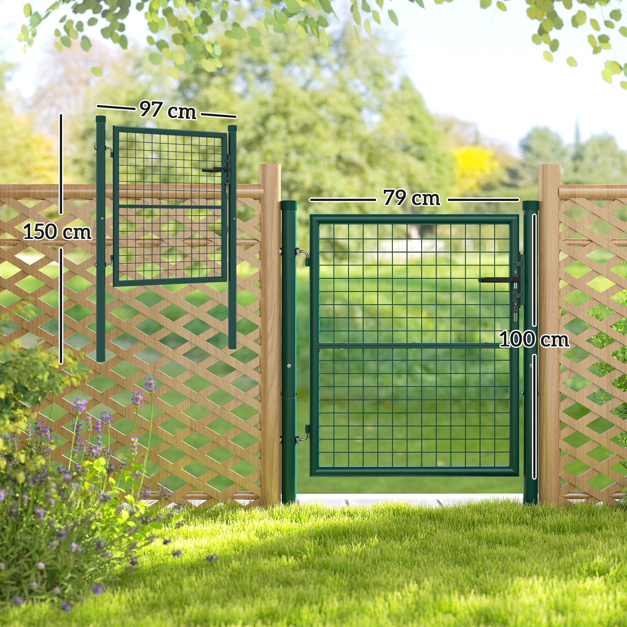 Garden Gate 100x79 cm Steel Bar Fence Gate with Handle Lock and 3 Keys for Outdoor Patio Green