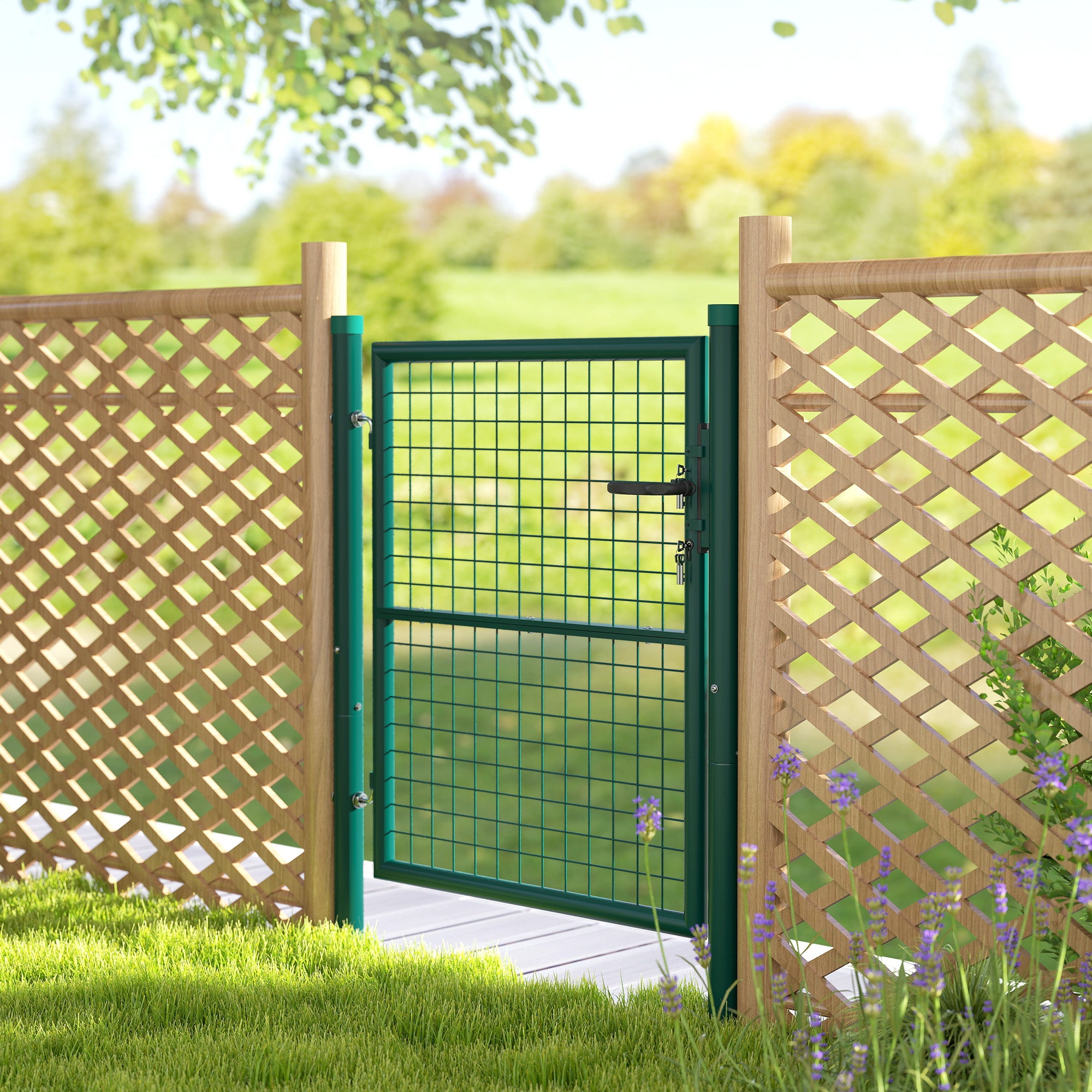 Garden Gate 100x79 cm Steel Bar Fence Gate with Handle Lock and 3 Keys for Outdoor Patio Green