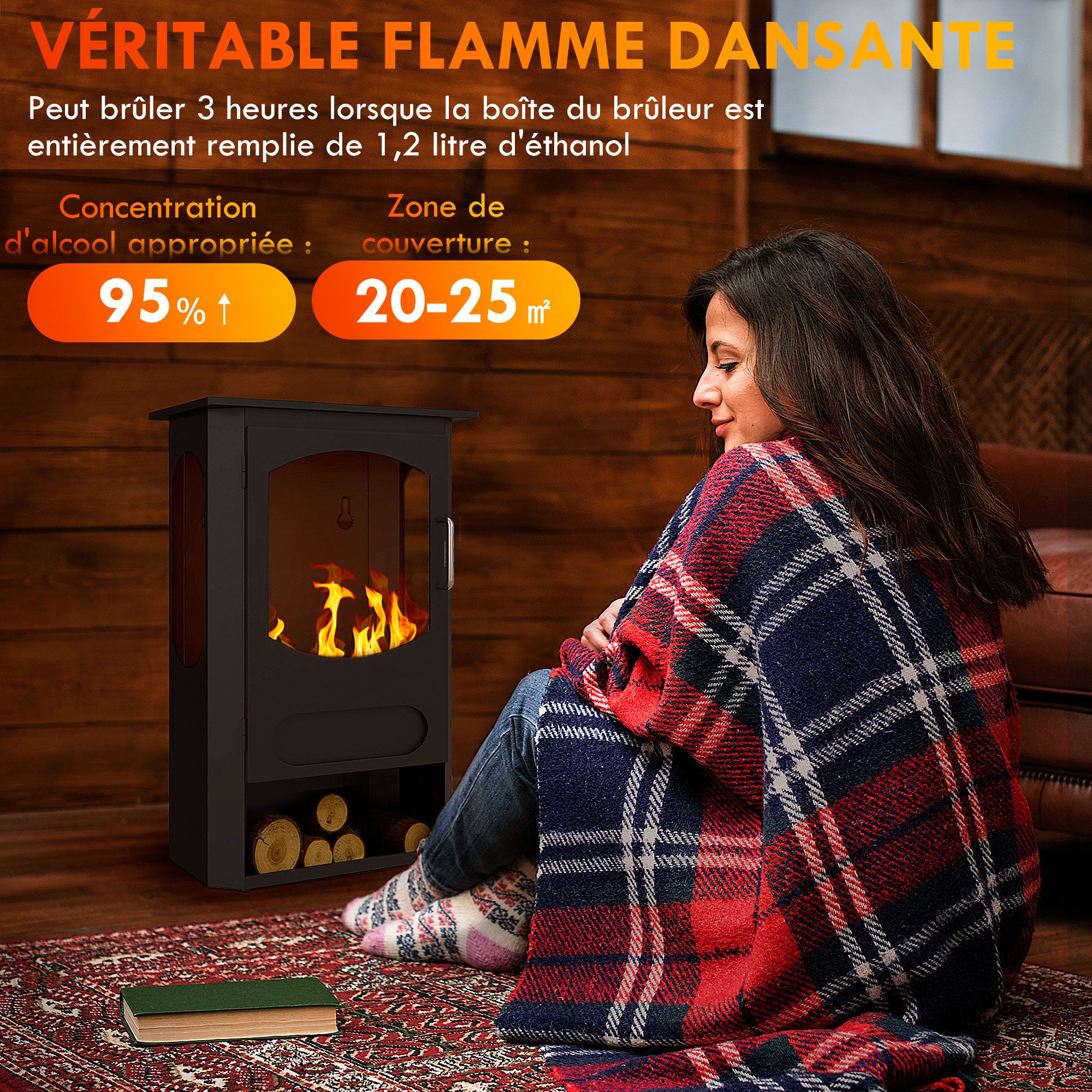 Contemporary Freestanding Bioethanol Fireplace with 1.2L Reservoir, Approx. 3h Burning Time, Coverage 20-25 sqm 43 x 25 x 68 cm Black