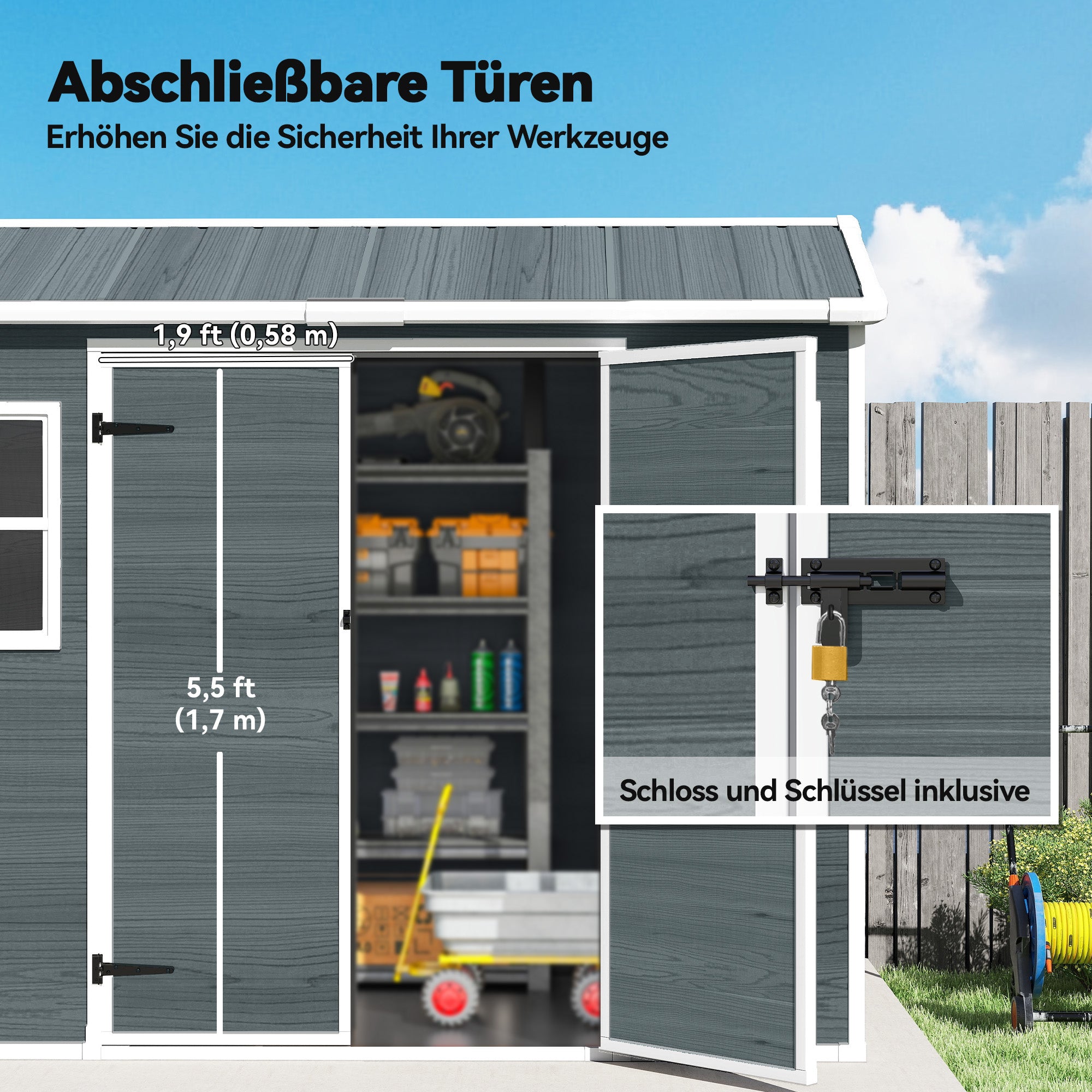 30 sq ft Wood-Effect Plastic Garden Shed — 244 × 131 × 201 cm (8'0" × 4'4" × 6'7") • Gable Roof, Double Doors, Windows, Ventilation, Floor, Lock & Gloves