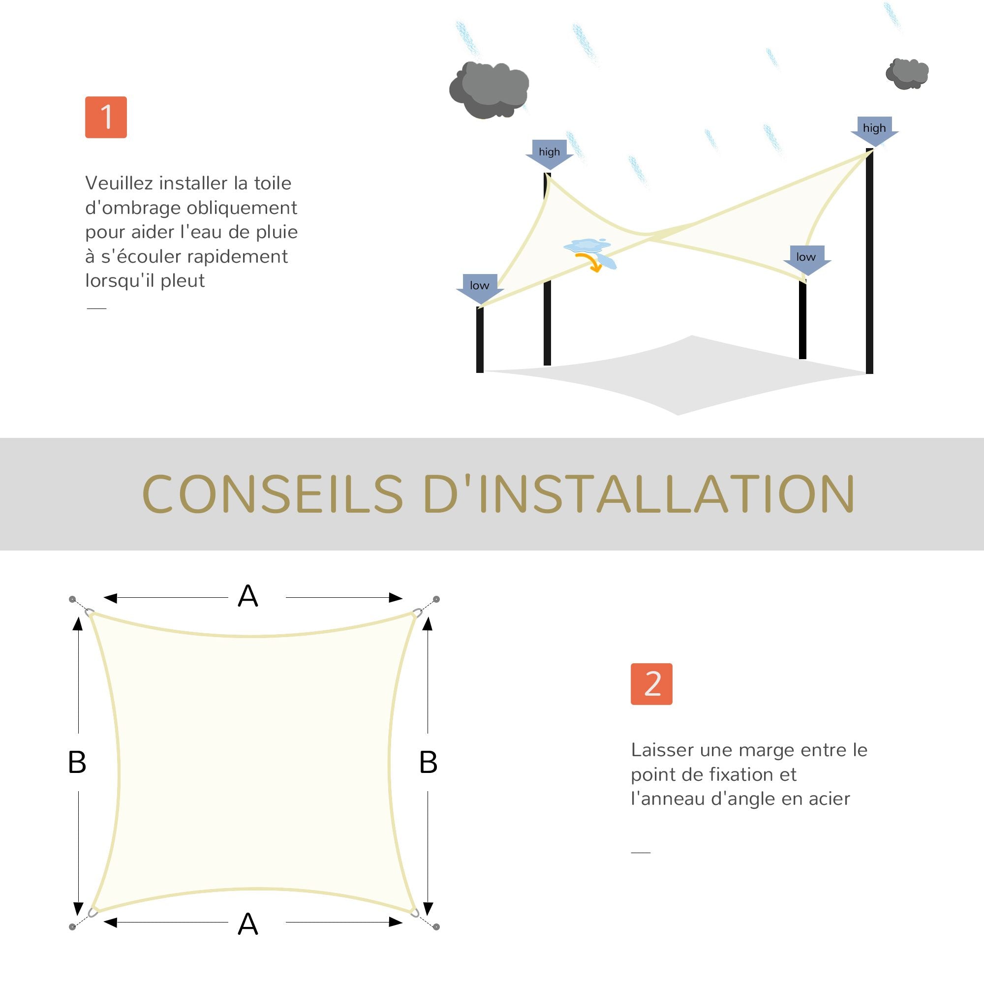 Rectangular Shade Sail 3 x 3 m High-Density Polyethylene UV Protection With Storage Bag - Cream