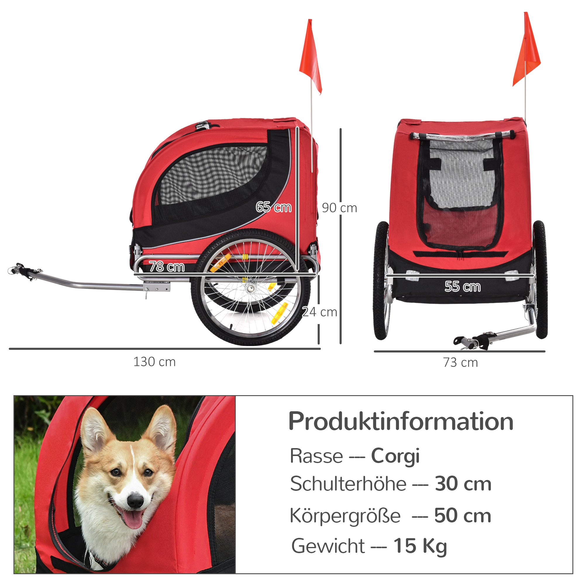 Dog Trailer Bike Trailer Pet Transporter Dog Bike Trailer Red+Black 130 x 73 x 90 cm