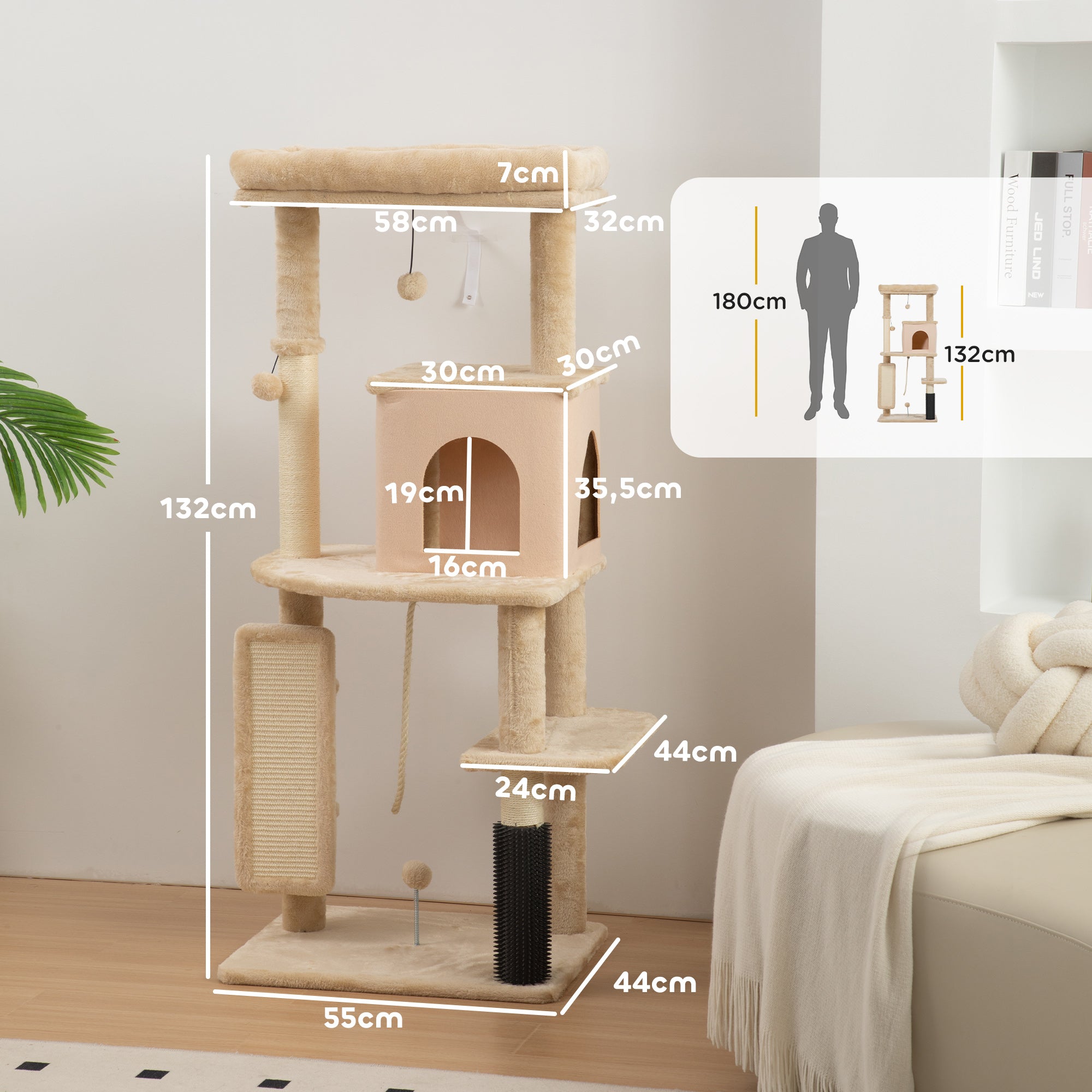 Cat Scratching Tree Height 132 cm Cat Tower with Platforms Post with Brush Hanging Balls and Scratching Pad Beige
