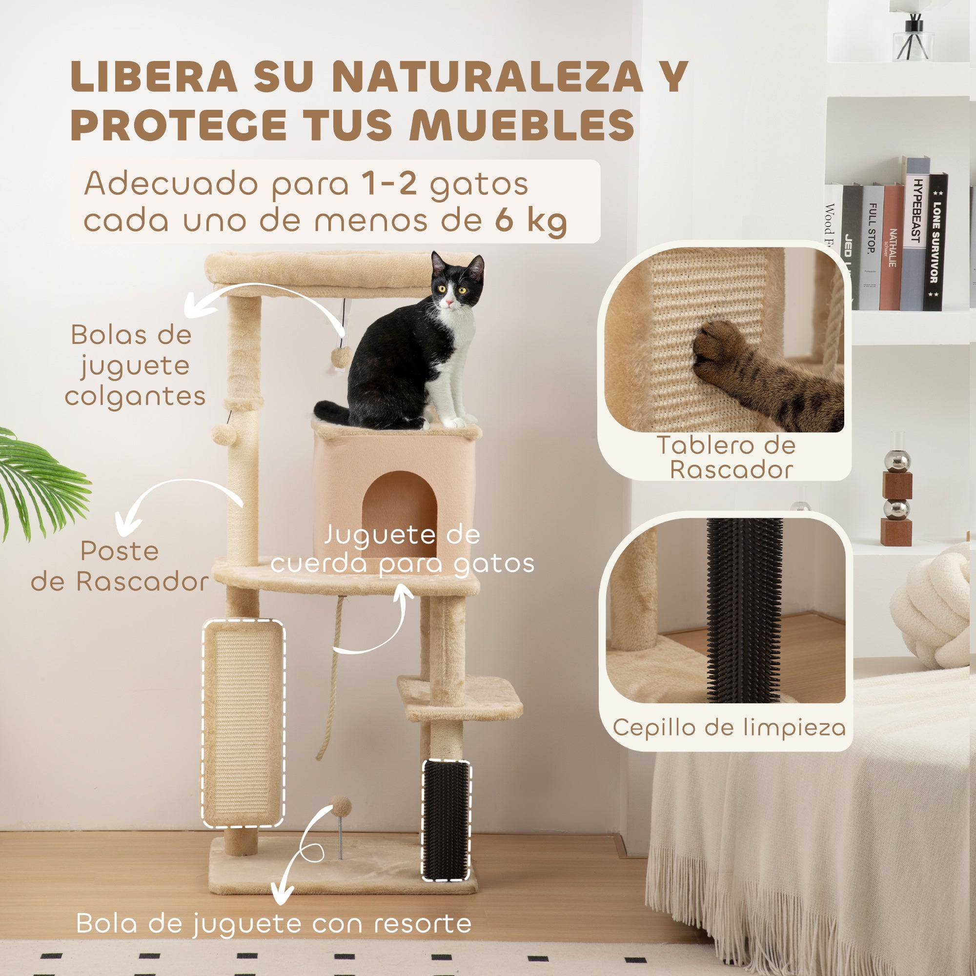 Cat Scratching Tree Height 132 cm Cat Tower with Platforms Post with Brush Hanging Balls and Scratching Pad Beige