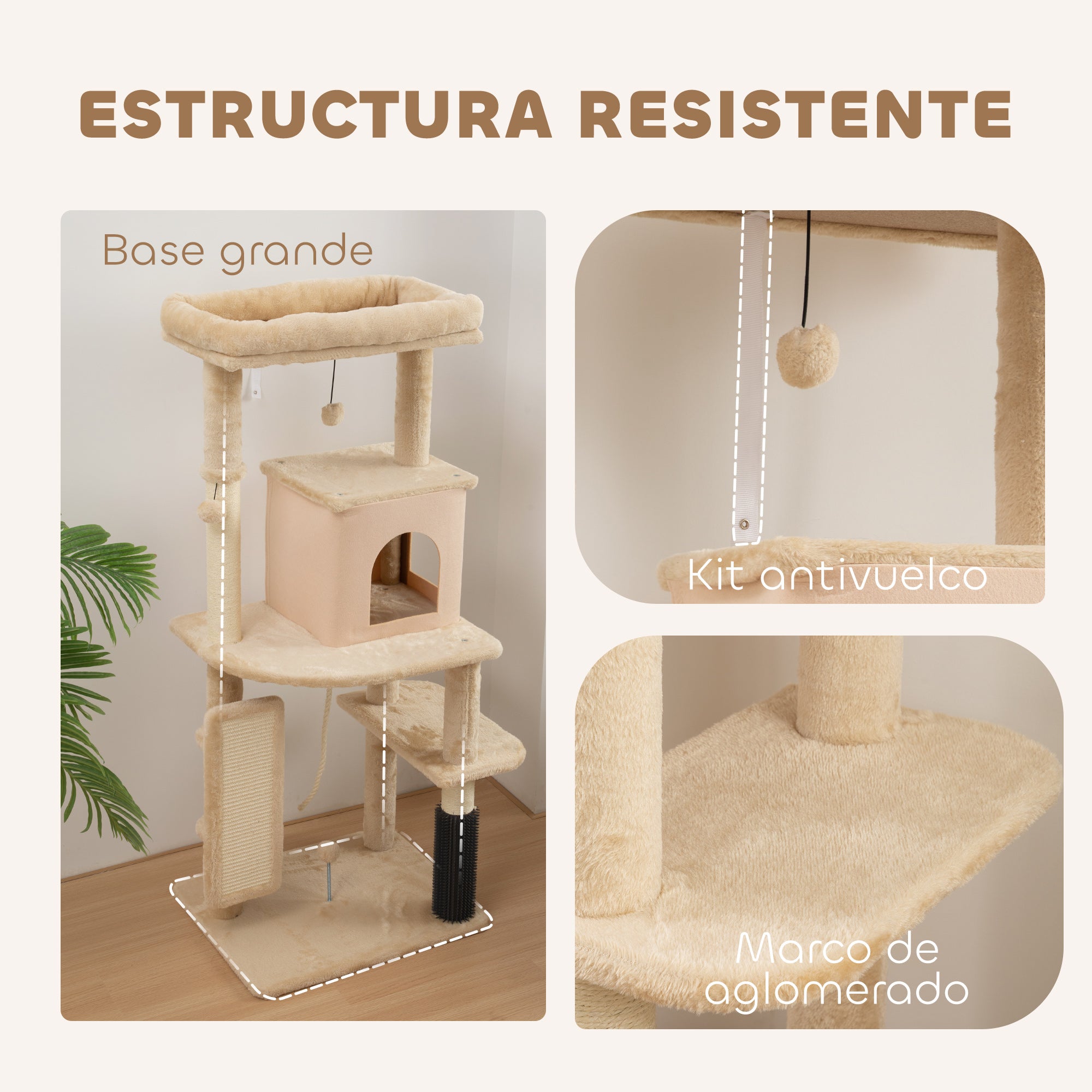 Cat Scratching Tree Height 132 cm Cat Tower with Platforms Post with Brush Hanging Balls and Scratching Pad Beige