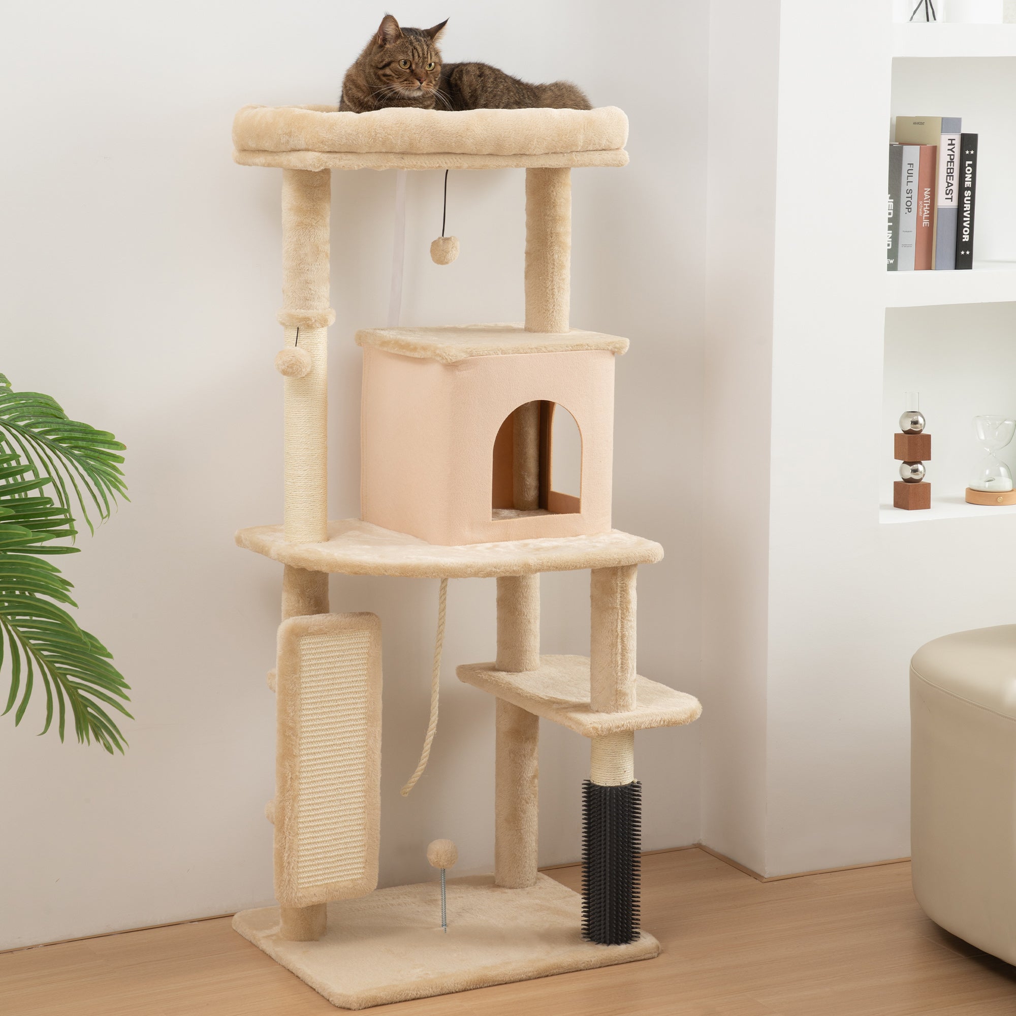Cat Scratching Tree Height 132 cm Cat Tower with Platforms Post with Brush Hanging Balls and Scratching Pad Beige