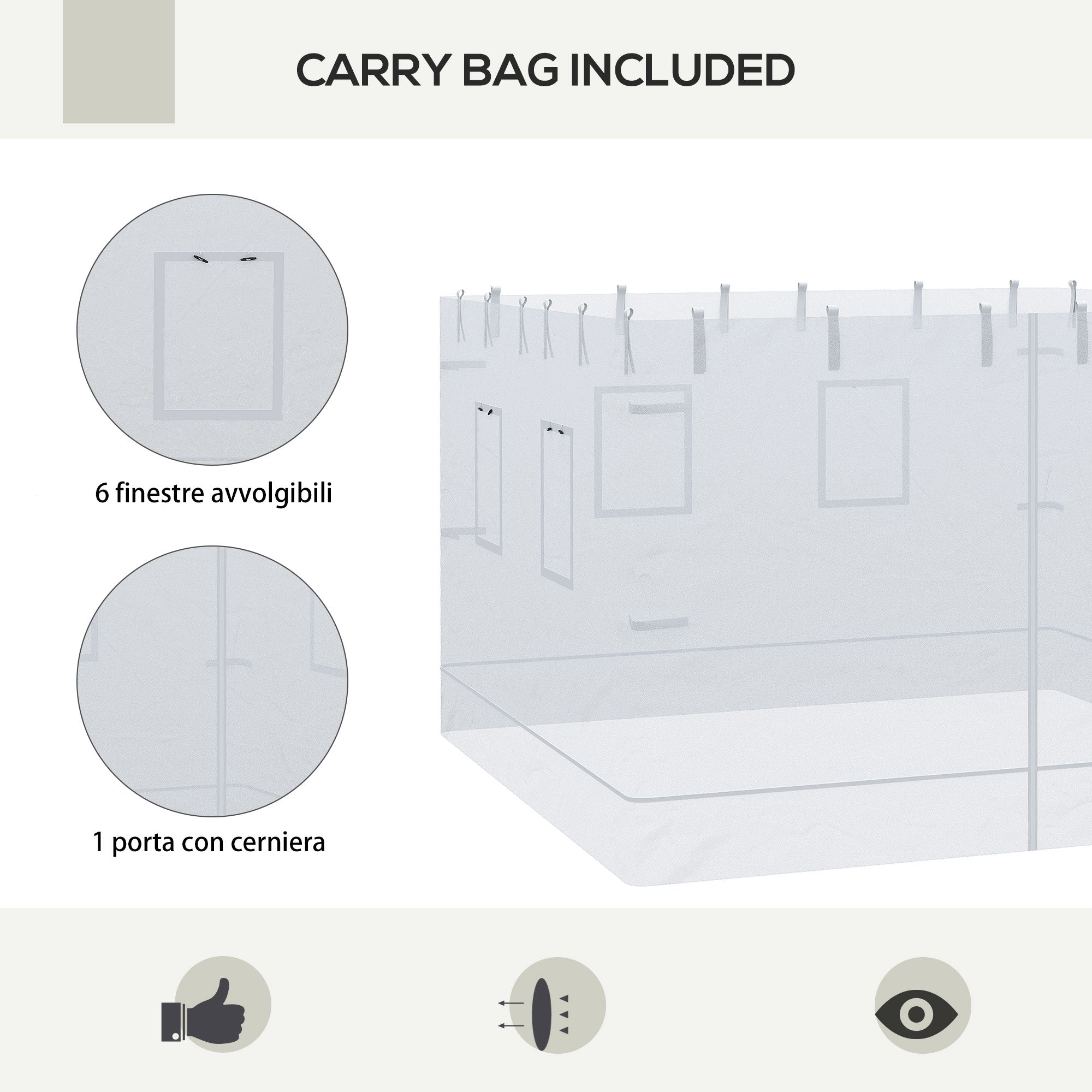 4 Nylon Side Walls Suitable for 3x3 m Pavilion, Set 3-piece Mosquito Net with 6 Windows and Zippered Door, 118.11x76.77 inches, White