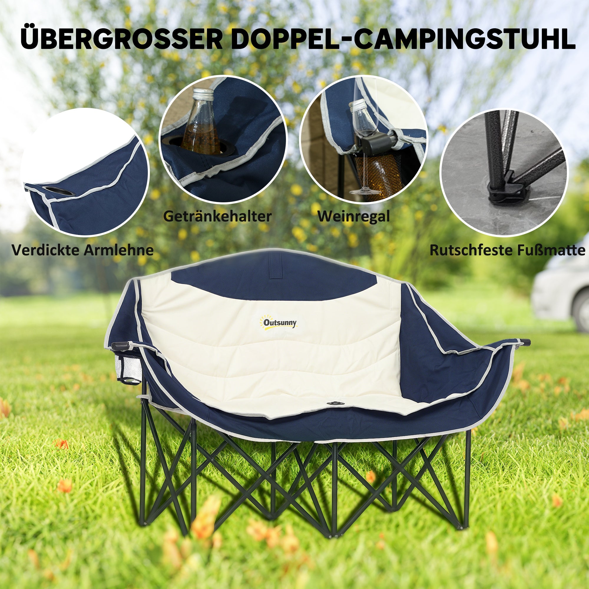 2-Seat Folding Camping Chair with Cup Holders & Carry Bag — Outdoor Folding Chair, Padded, Supports up to 250 kg (≈551 lb)