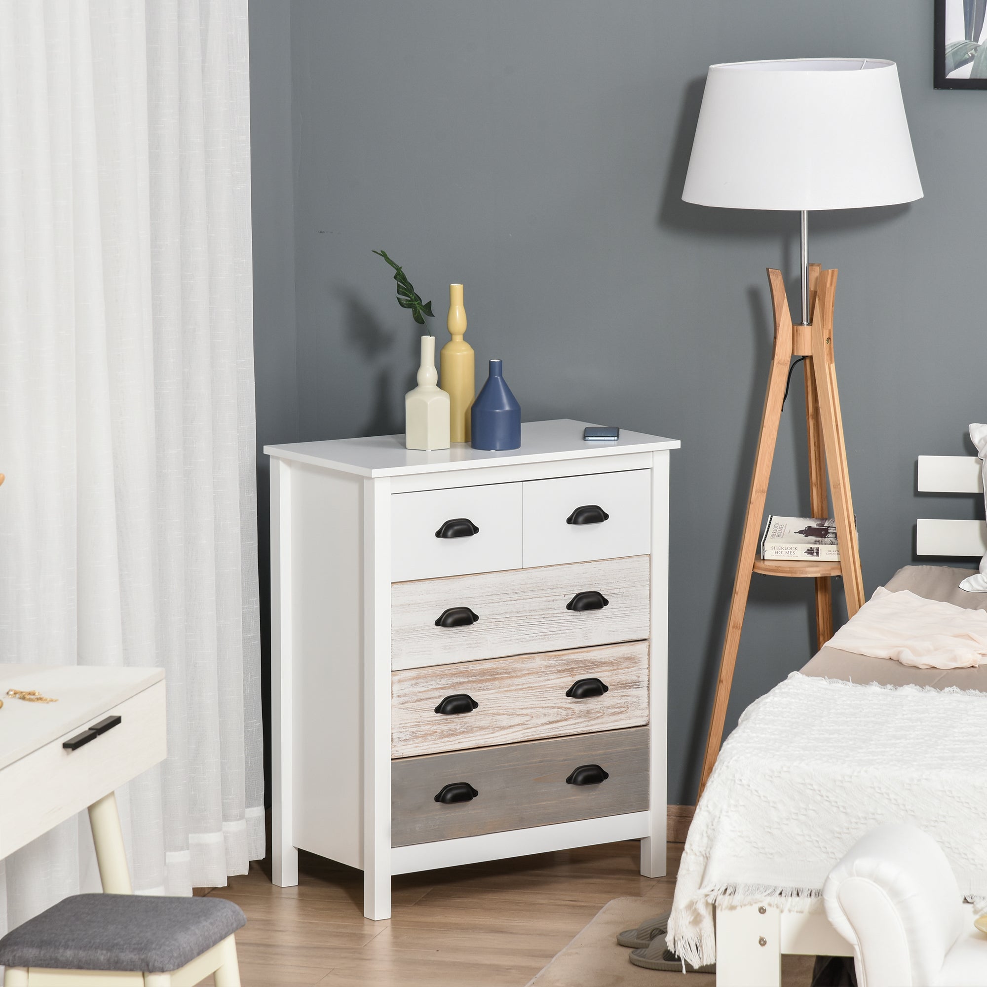 5-Drawer Chest Modern Bedroom Chest of Drawers with Anti-Tip Design Hallway Chest of Drawers 70x38x85 cm White