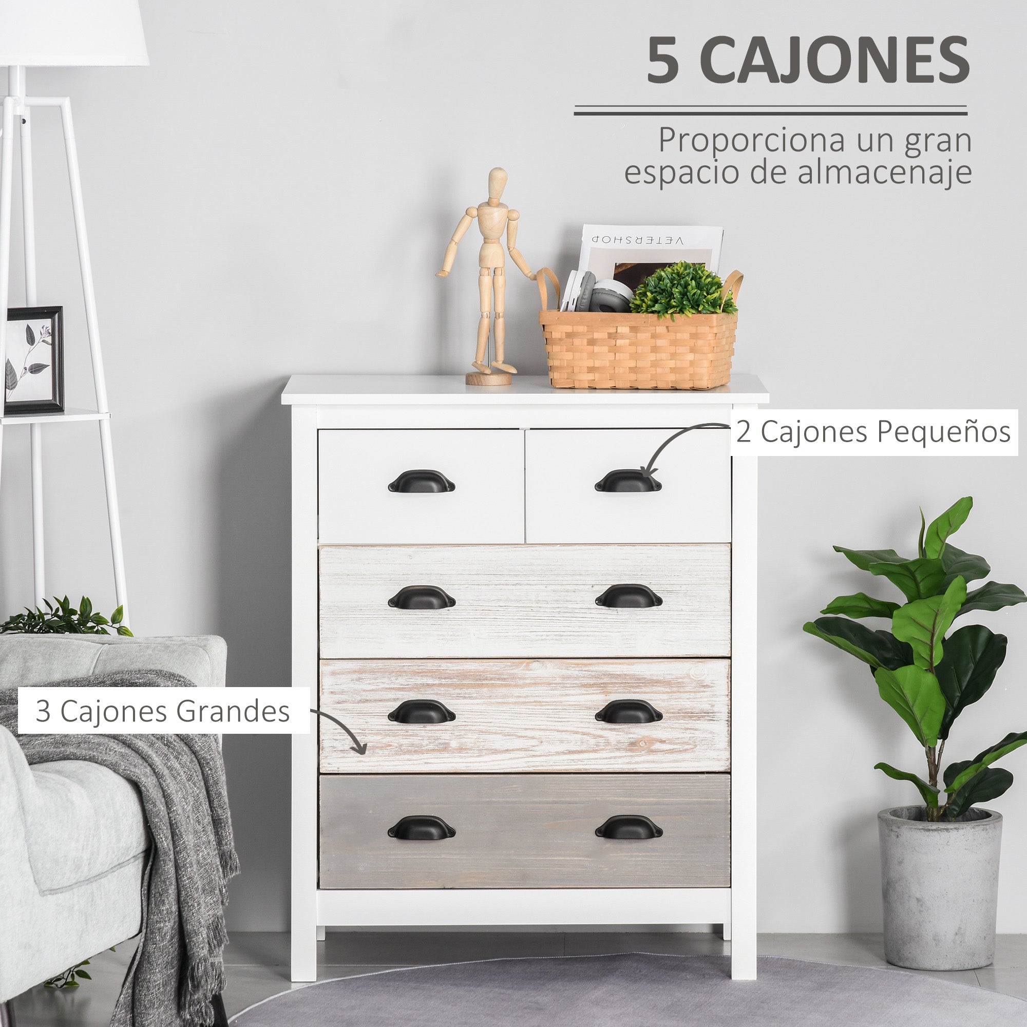 5-Drawer Chest Modern Bedroom Chest of Drawers with Anti-Tip Design Hallway Chest of Drawers 70x38x85 cm White