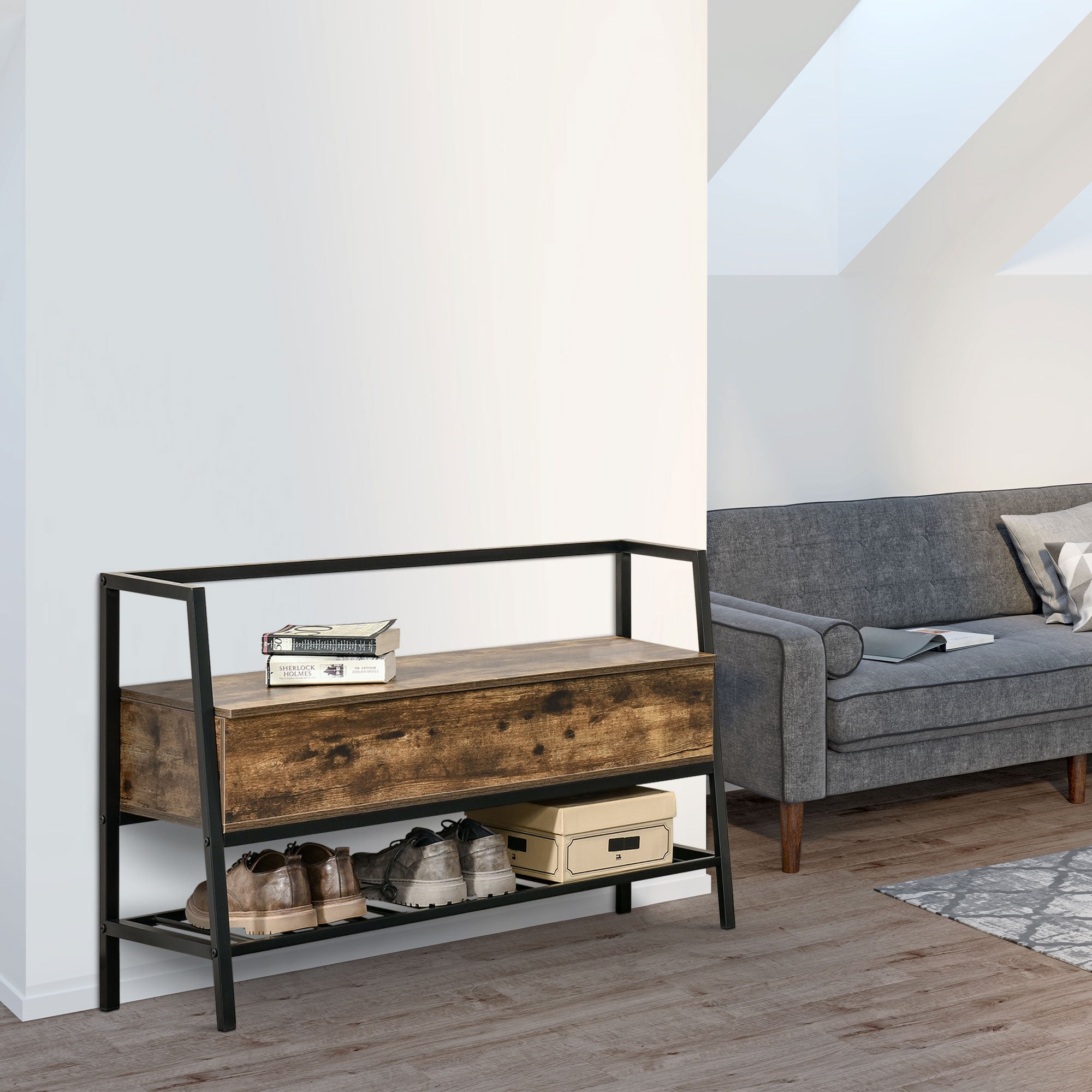 Industrial Style Shoe Rack Bench with Storage Compartment, Vintage Space-Saving Shoe Bench in Wood and Metal, Rustic Brown, 90x37x60cm