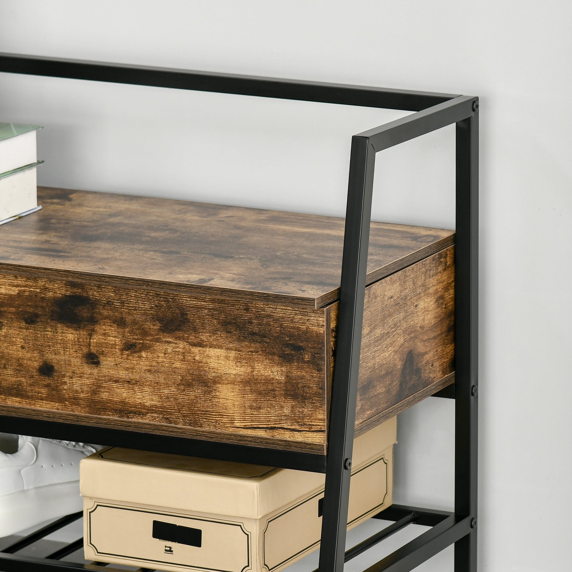 Industrial Style Shoe Rack Bench with Storage Compartment, Vintage Space-Saving Shoe Bench in Wood and Metal, Rustic Brown, 90x37x60cm